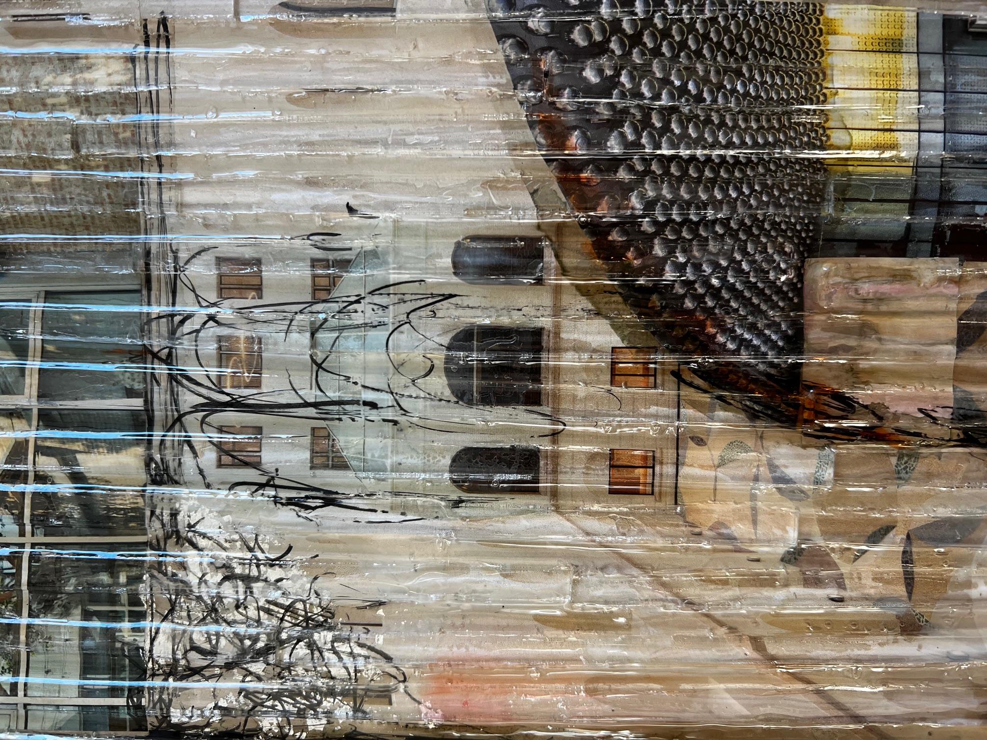 My work is influenced by my background as a stained glass painter and cartoon creator for Stained Glass Assoc. in NC. This experience led to a personal original technique of collage and hand cut pieces of glass attached to the surface by pouring