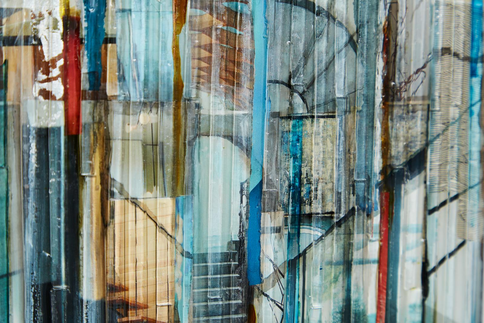 'Pathways', Mixed Media, Abstract Painting, Glass on Wood Panel Triptych 1