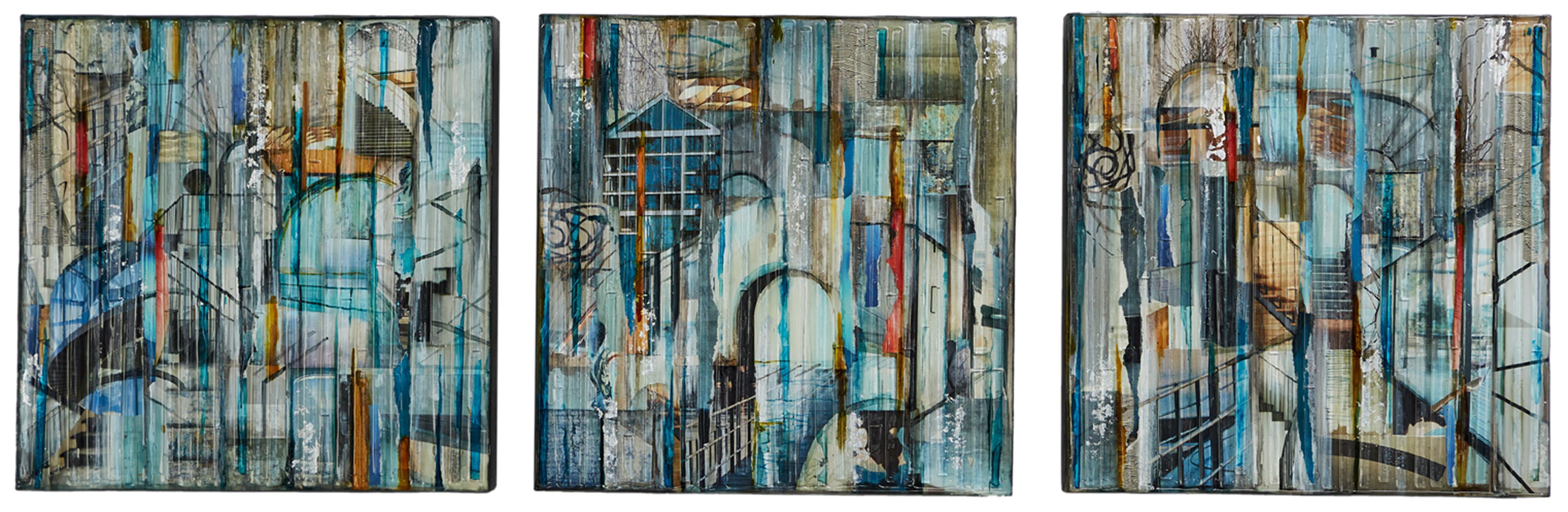 'Pathways', Mixed Media, Abstract Painting, Glass on Wood Panel Triptych - Mixed Media Art by Madonna Phillips