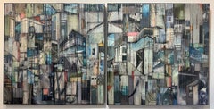 'Rise and Climb' Diptych Mixed Media, Abstract Painting, Glass on Wood Panel