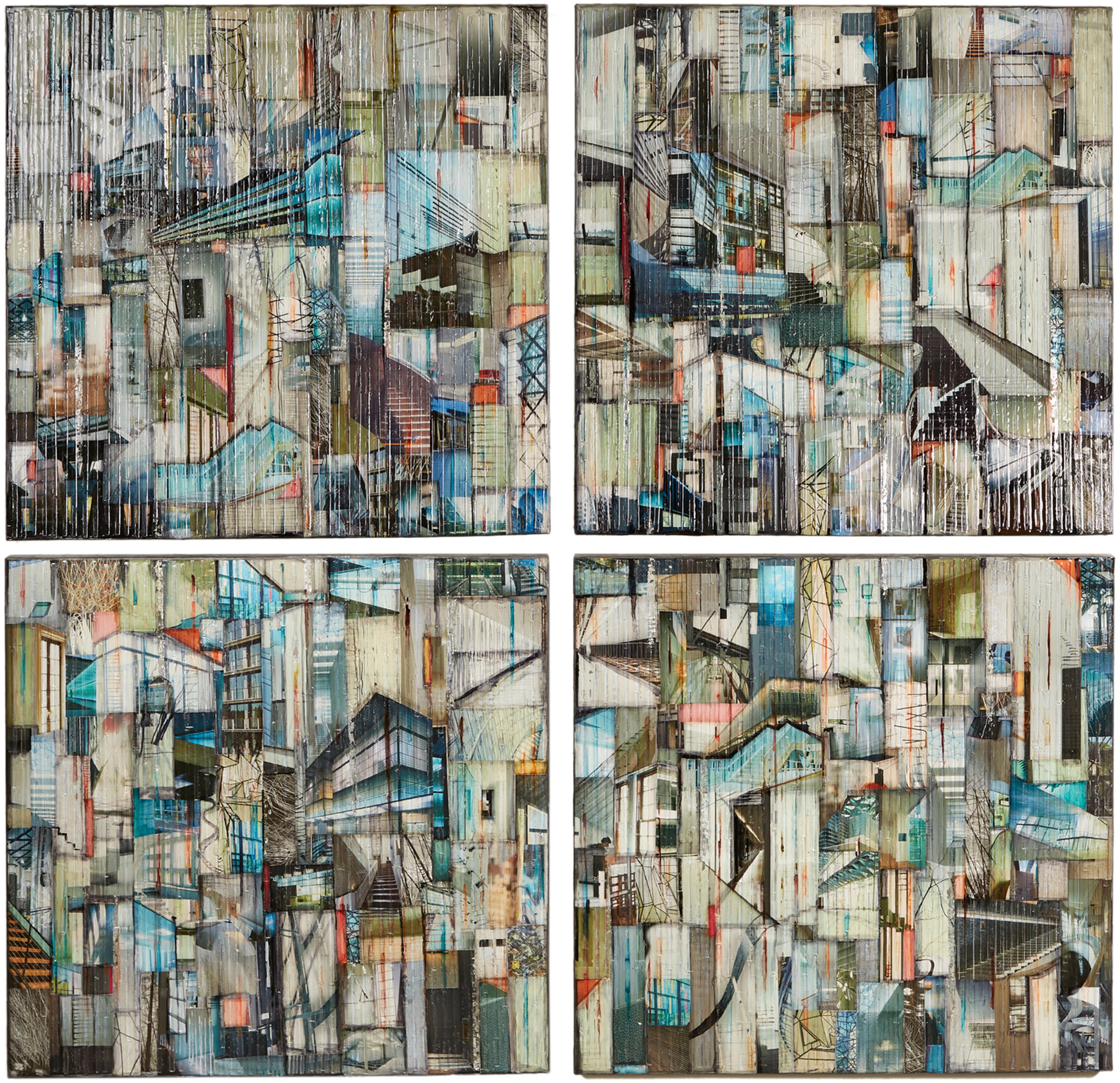 'Rise and Climb' Quadriptych Mixed Media, Abstract Painting, Glass on Wood Panel