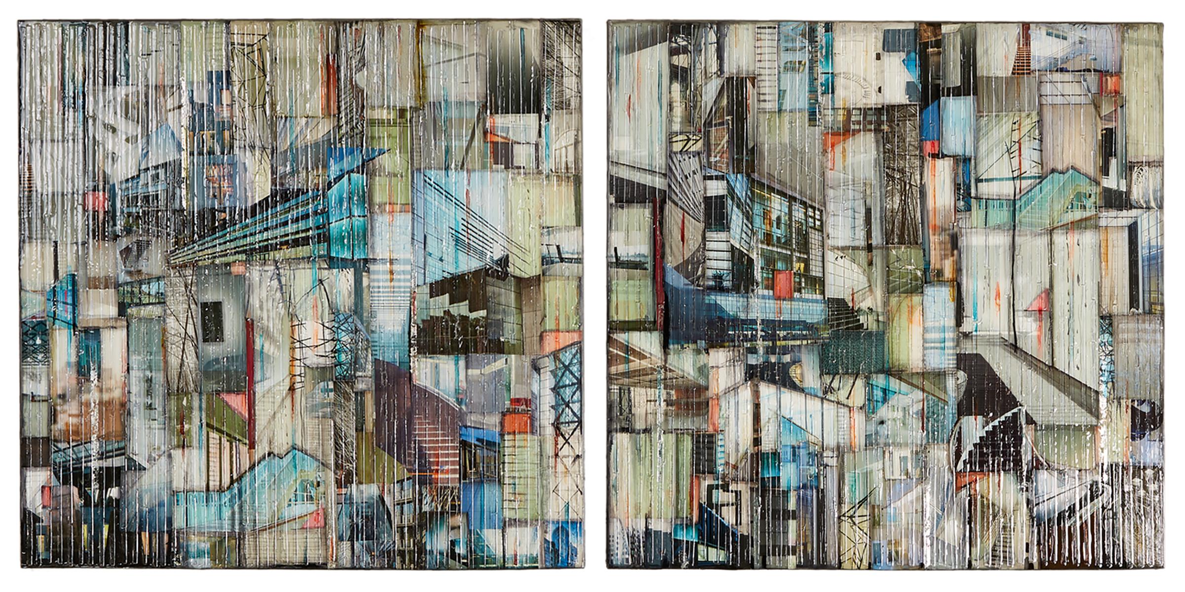 'Water Falling', Mixed Media, Abstract Painting, Glass on Wood Panel Diptych - Mixed Media Art by Madonna Phillips