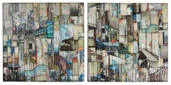 'Water Falling', Mixed Media, Abstract Painting, Glass on Wood Panel Diptych
