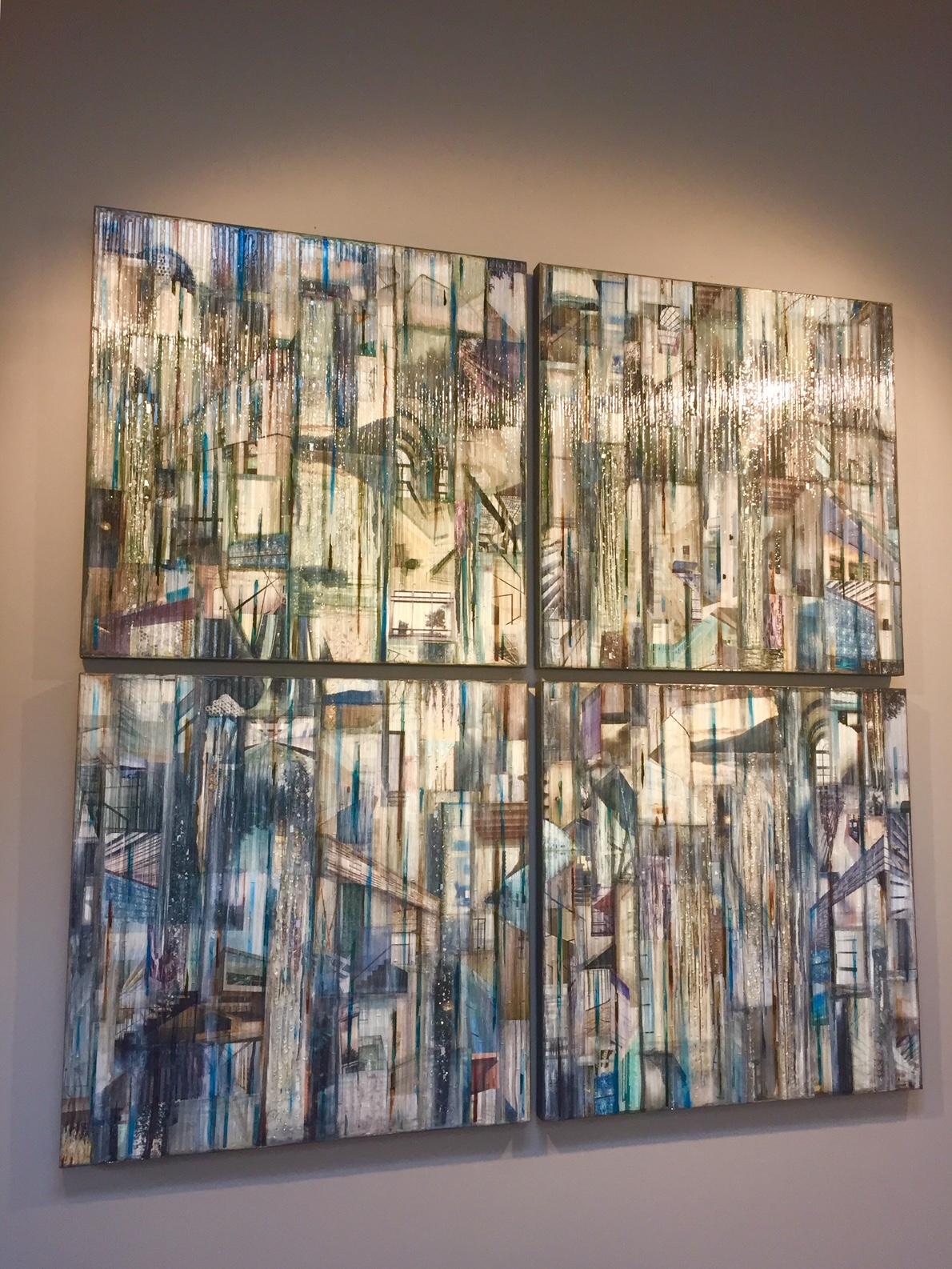 Water Falling is a quadtych measuring 60" x 60" priced for all four pieces at $17,300.  Individual pieces can be purchased measuring 30" x 30" for $4,500. 
Colors are blue, green, gold, brown, black

Madonna Phillip's  original art technique in