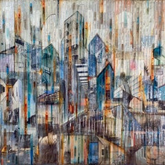 Diptyque technique mixte « A Delicate Balance », peinture abstraite, verre sur panneau de bois