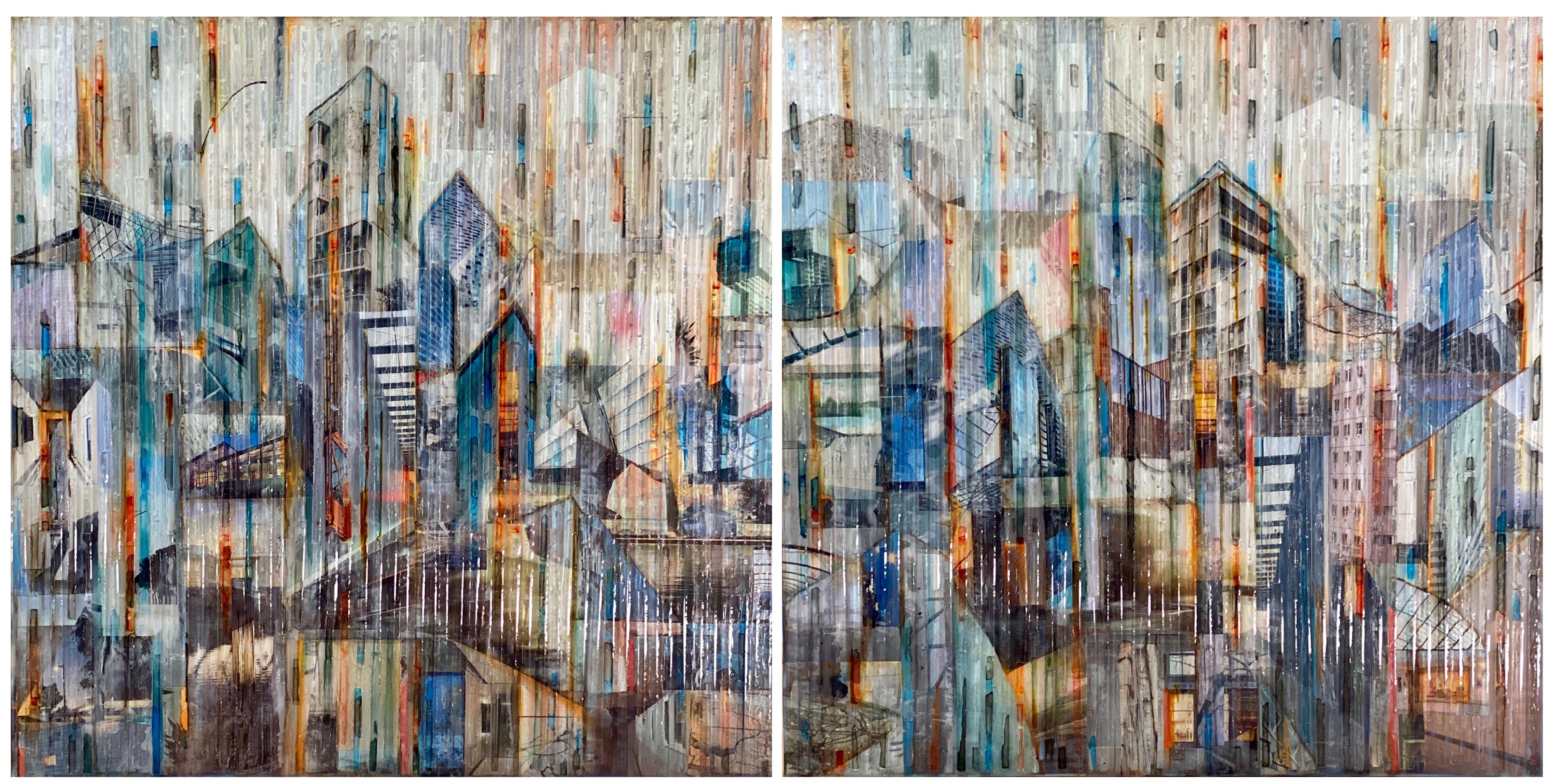 Mixed Media-Diptychon „Ein zartes Gleichgewicht“, abstraktes Gemälde, Glas auf Holzplatte