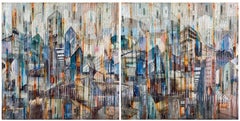 Díptico en técnica mixta "Un delicado equilibrio", pintura abstracta, vidrio sobre panel de madera