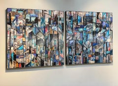 Díptico de Técnica Mixta "Clair de Lune Moderne", Pintura Abstracta, Arquitectura