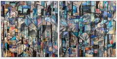 'Clair de Lune Moderne' Mixed Media Diptych, Abstract Painting, Architecture