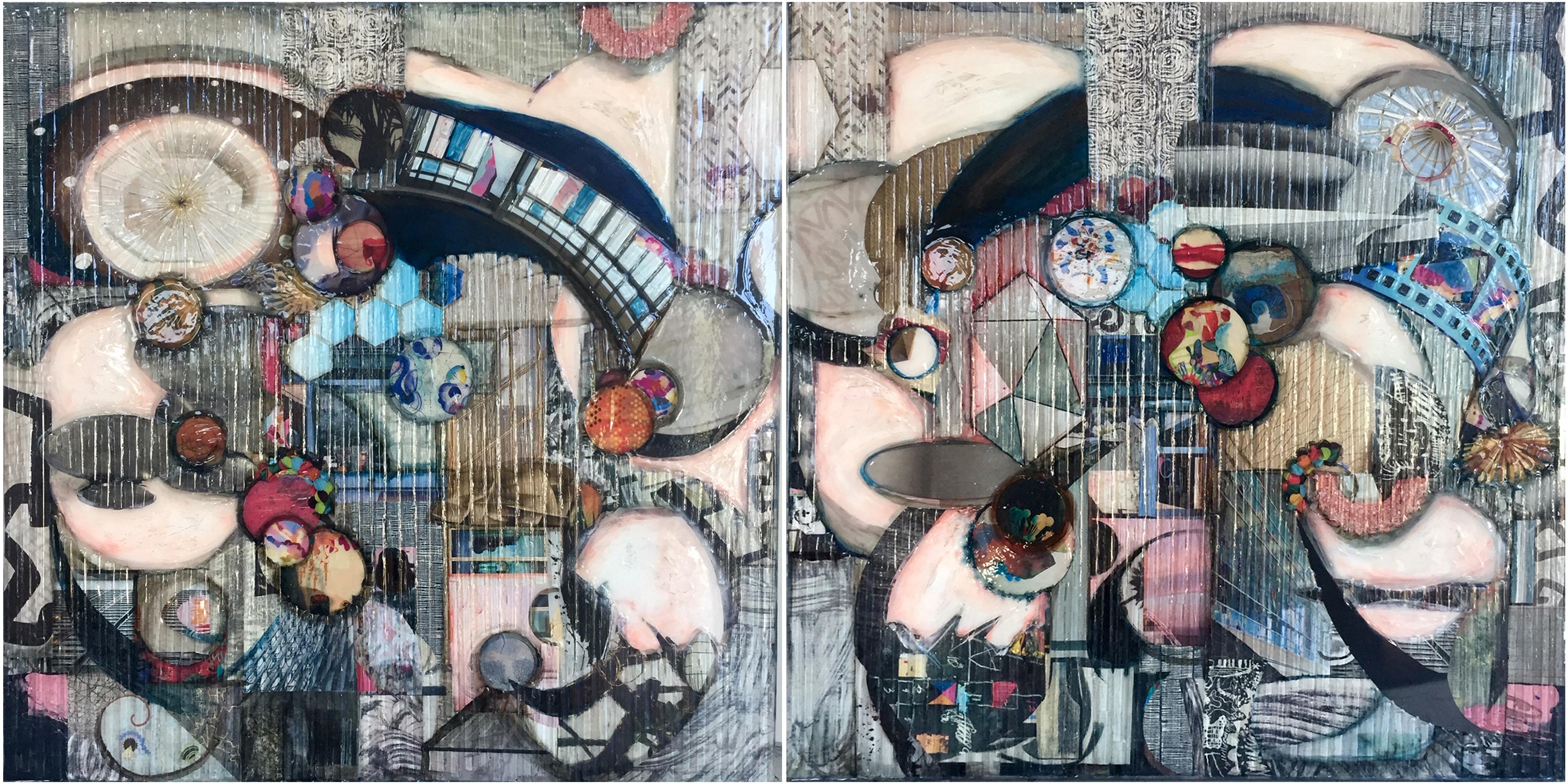 Two 24" X 24" panels, $3,450 per panel or $7000 for both. 
Madonna Phillip's original art technique in glass and mixed media developed after studying with a master stained glass painter and experimentation. She is inspired by the qualities of glass