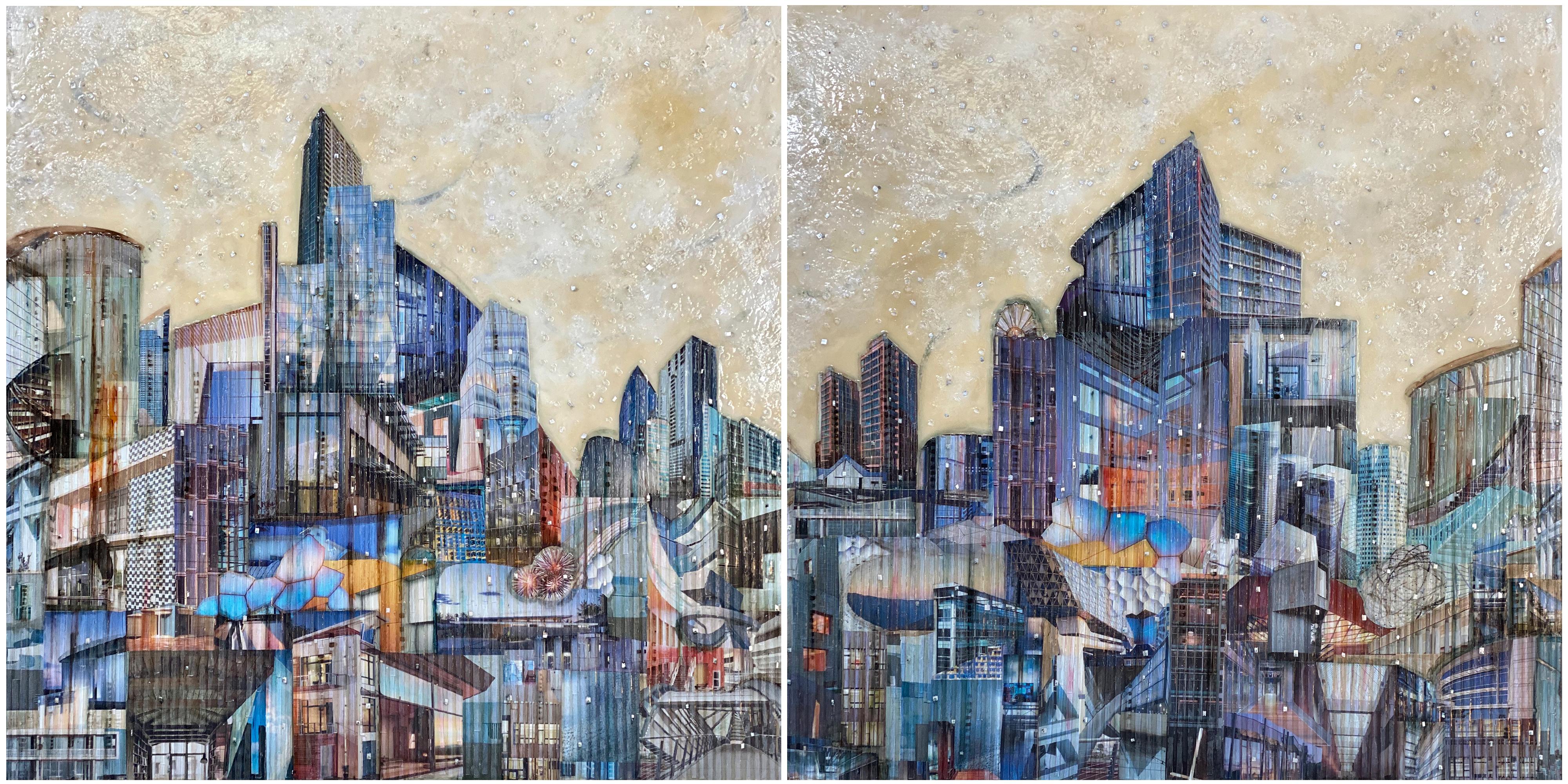 'Rim City', Mixed Media, Abstract Painting, Glass on Wood Panel, Diptych - Mixed Media Art by Madonna Phillips