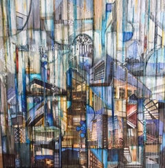 'Swerve I', tecnica mista, pittura astratta, vetro su pannello di Wood