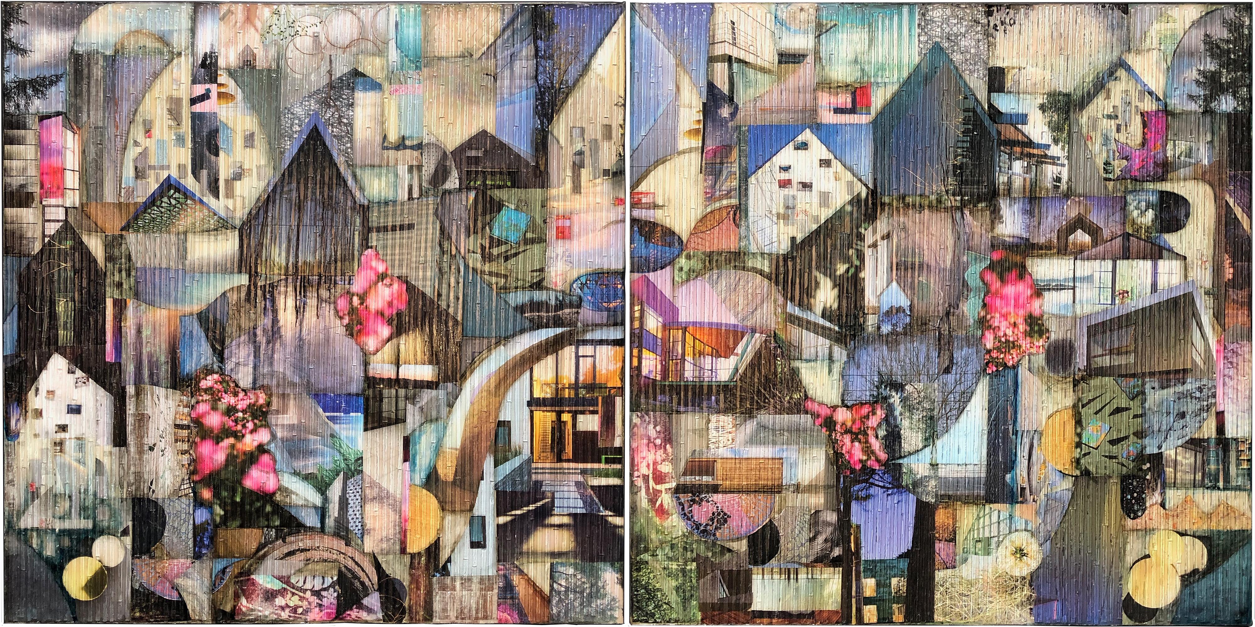 'Urban Overstory', Mixed Media, Abstract Painting, Glass on Wood Panel, Diptych