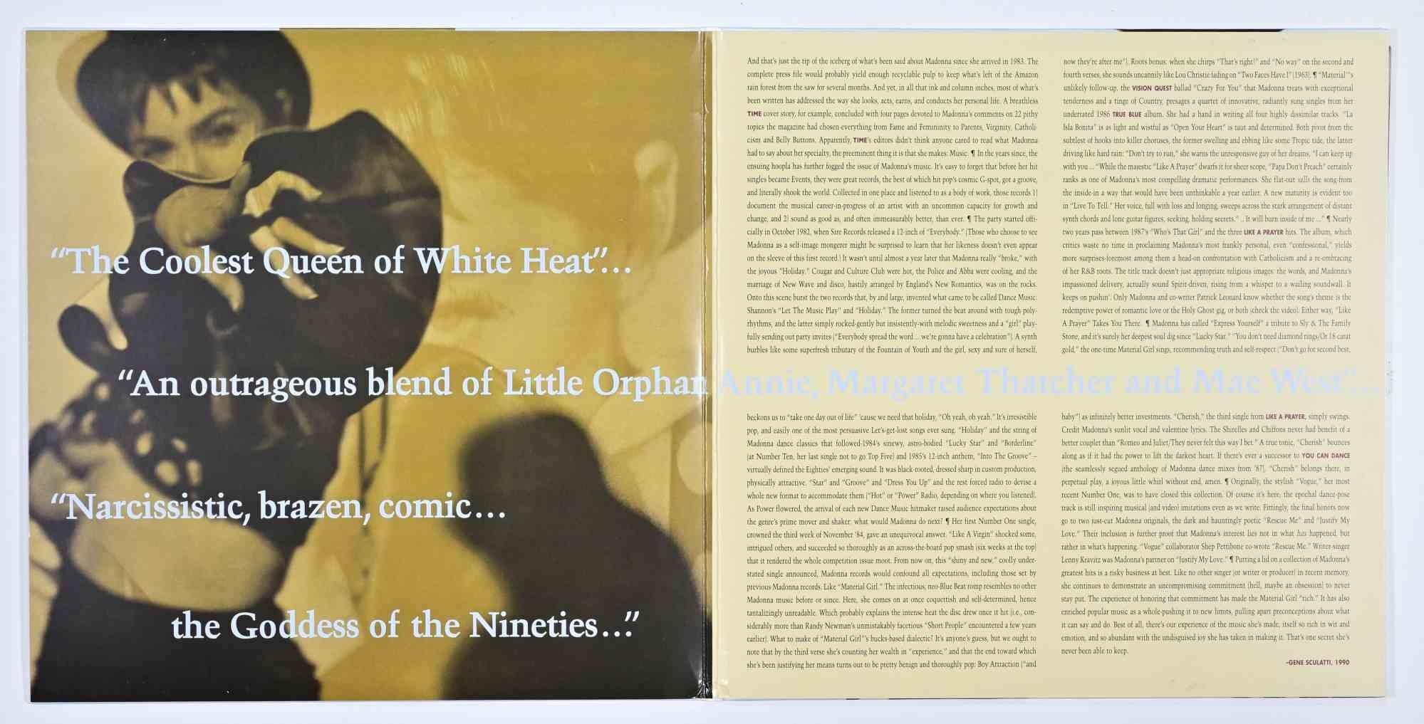 Una copia autografata di The Immaculate Collection, l'album definitivo di greatest hits dell'icona pop americana Madonna, pubblicato nel 1990 da Sire Records e Warner Bros. Registrazioni.

Questo doppio LP include molti dei brani più influenti di