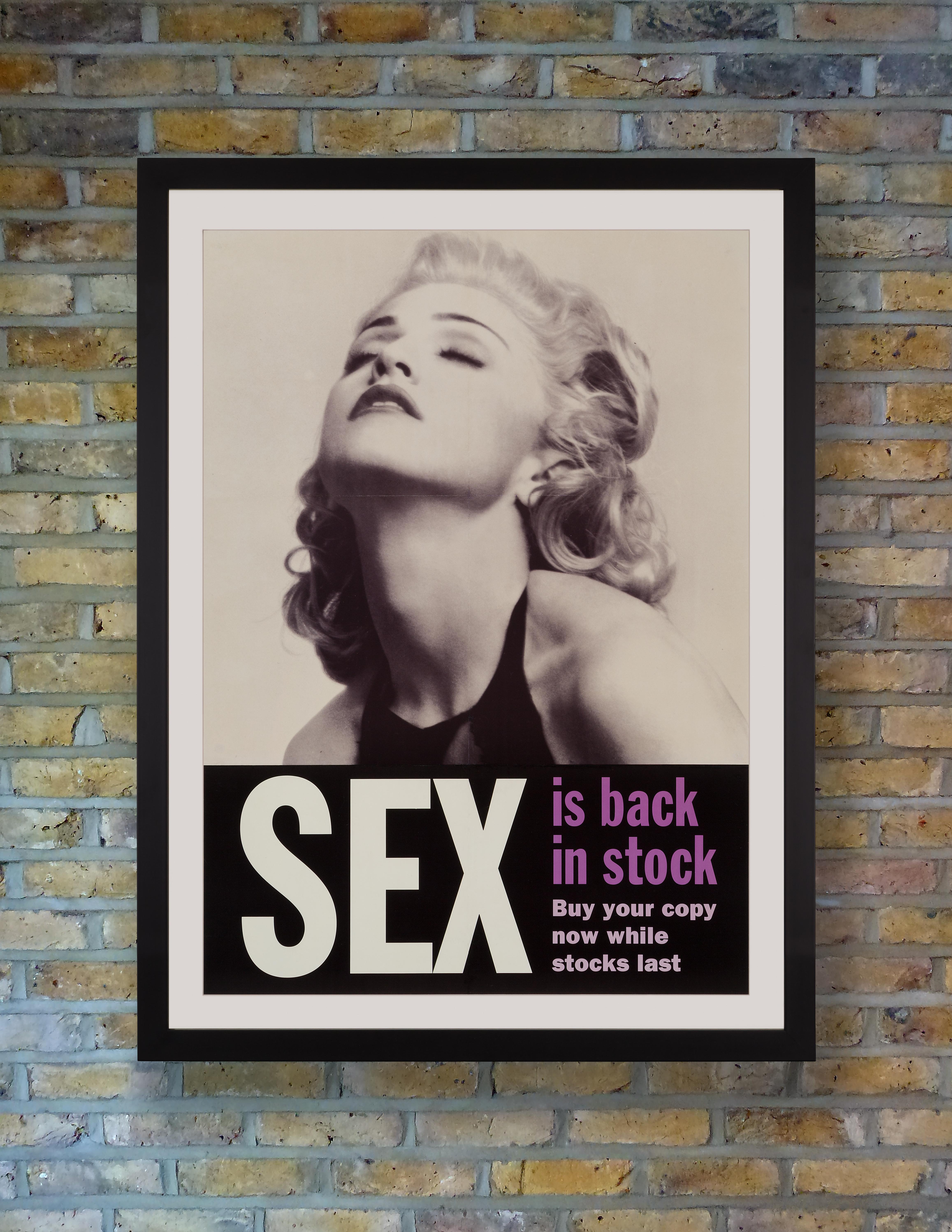 An extremely rare British bookstore promotional poster for Madonna's controversial coffee table book 'Sex,' released on 21st October 1992 by Warner Books, the day after the release of her fifth studio album 'Erotica.' The aluminium-bound book came