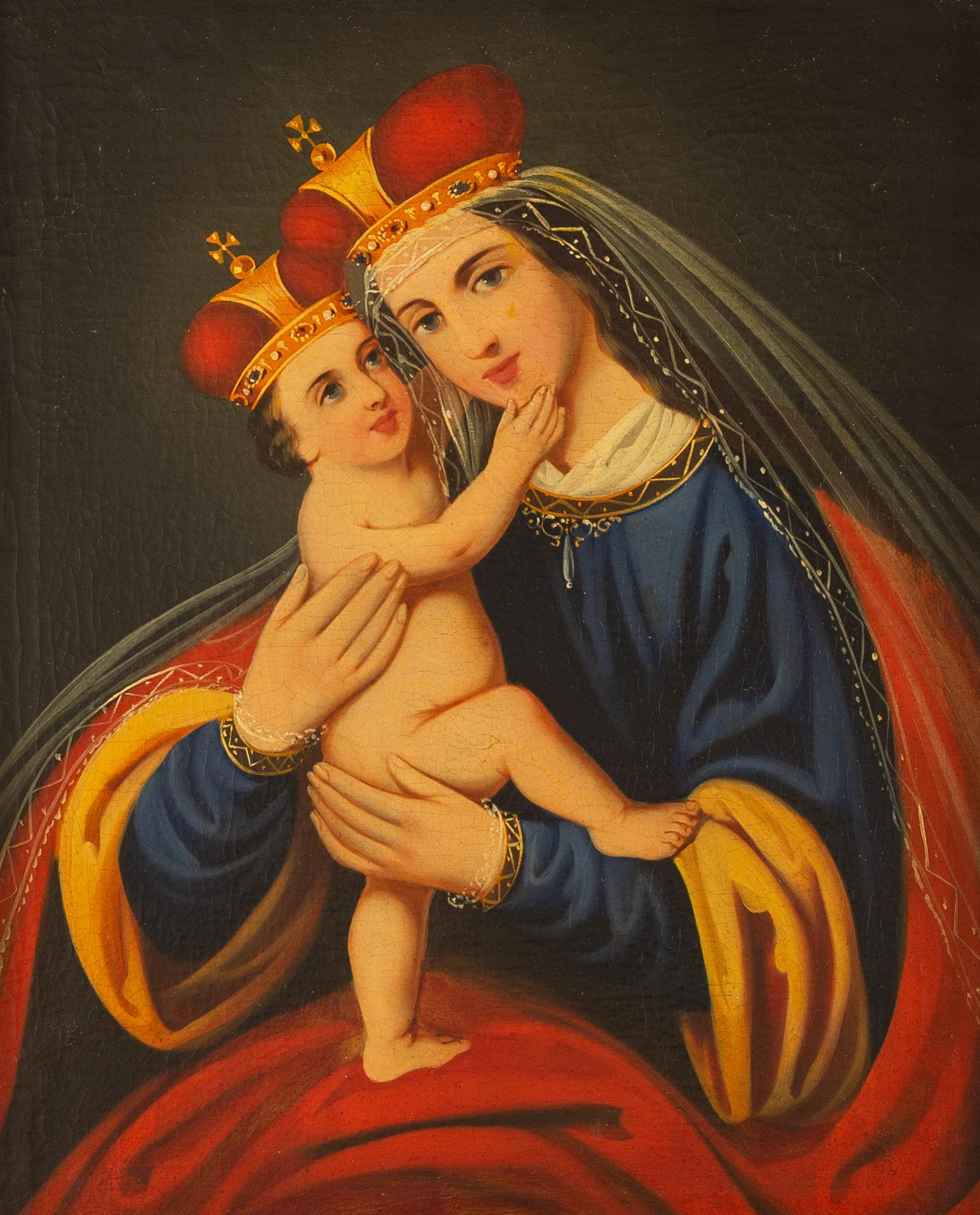 Cette peinture provient de Polland et a plus de 200 ans.  Huile sur toile avec petites restaurations : n'oublions pas qu'il y a eu deux guerres mondiales en Europe.
Une belle Madone et son enfant, tous deux avec de beaux yeux bleus.
