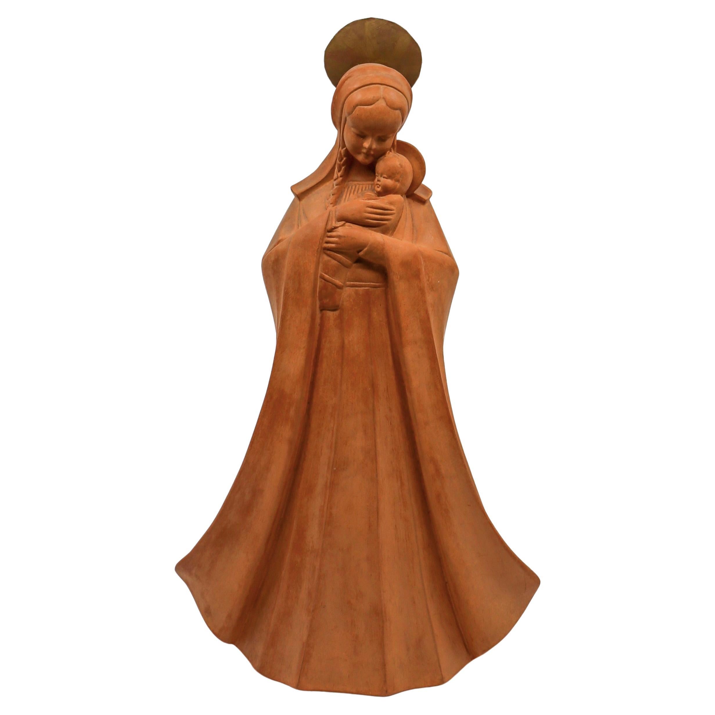 Sculpture en terre cuite de la Madonna avec Child & Child