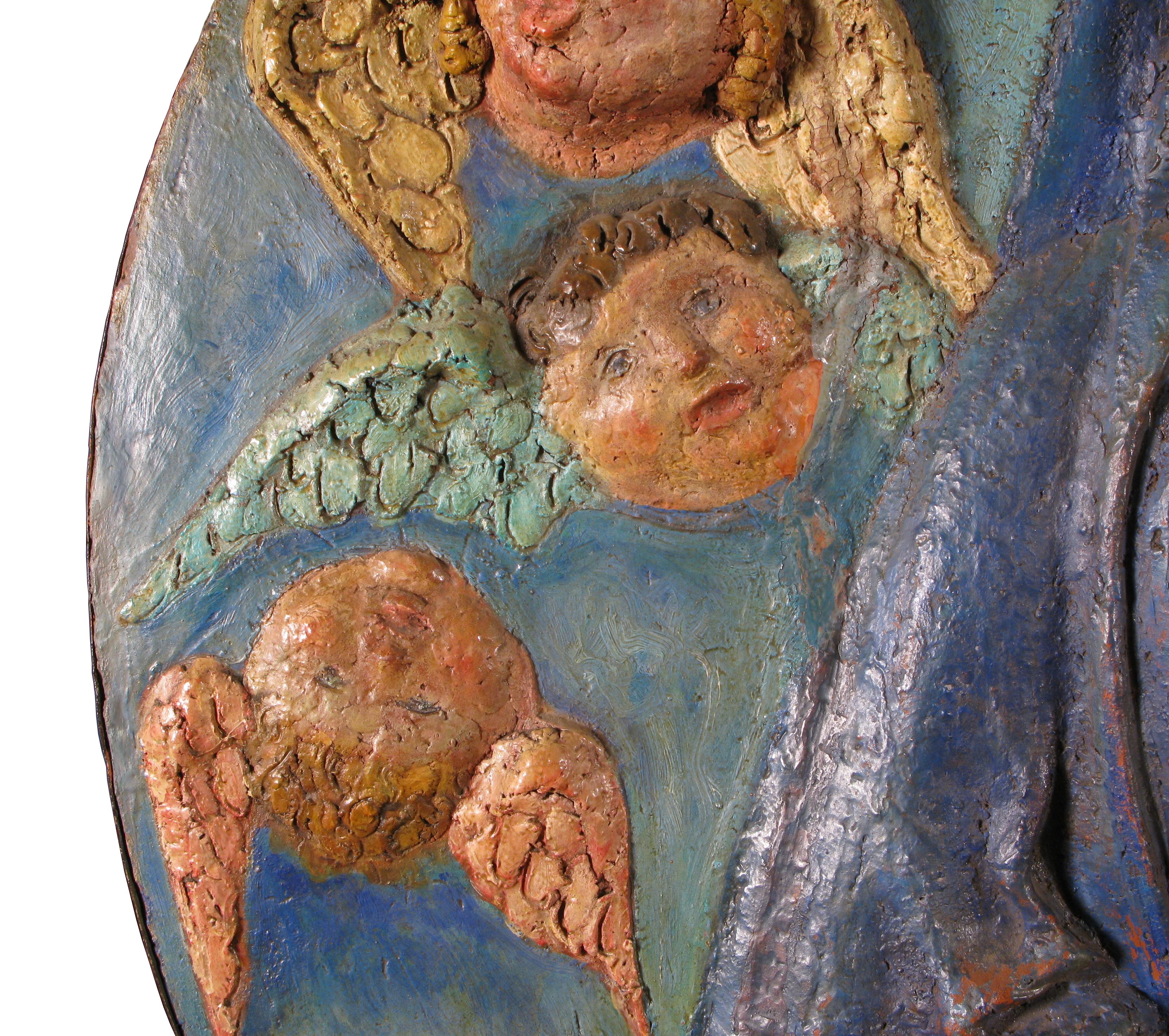 Renaissance Madonna with Child, Tondo in Polychrome Terracotta from the 20th Century For Sale