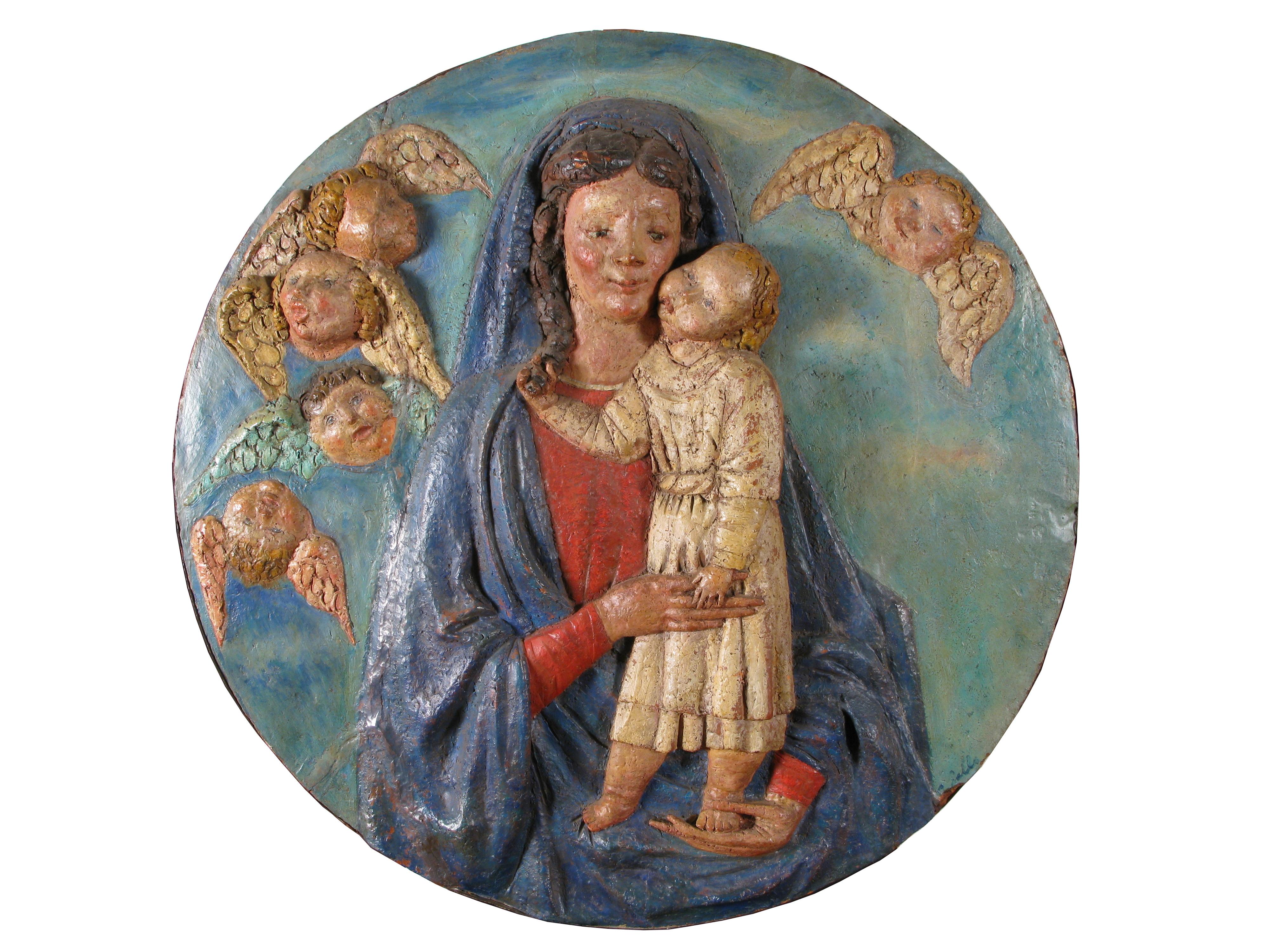 Terre cuite Vierge à l'enfant, tondo en terre cuite polychrome du 20e siècle en vente