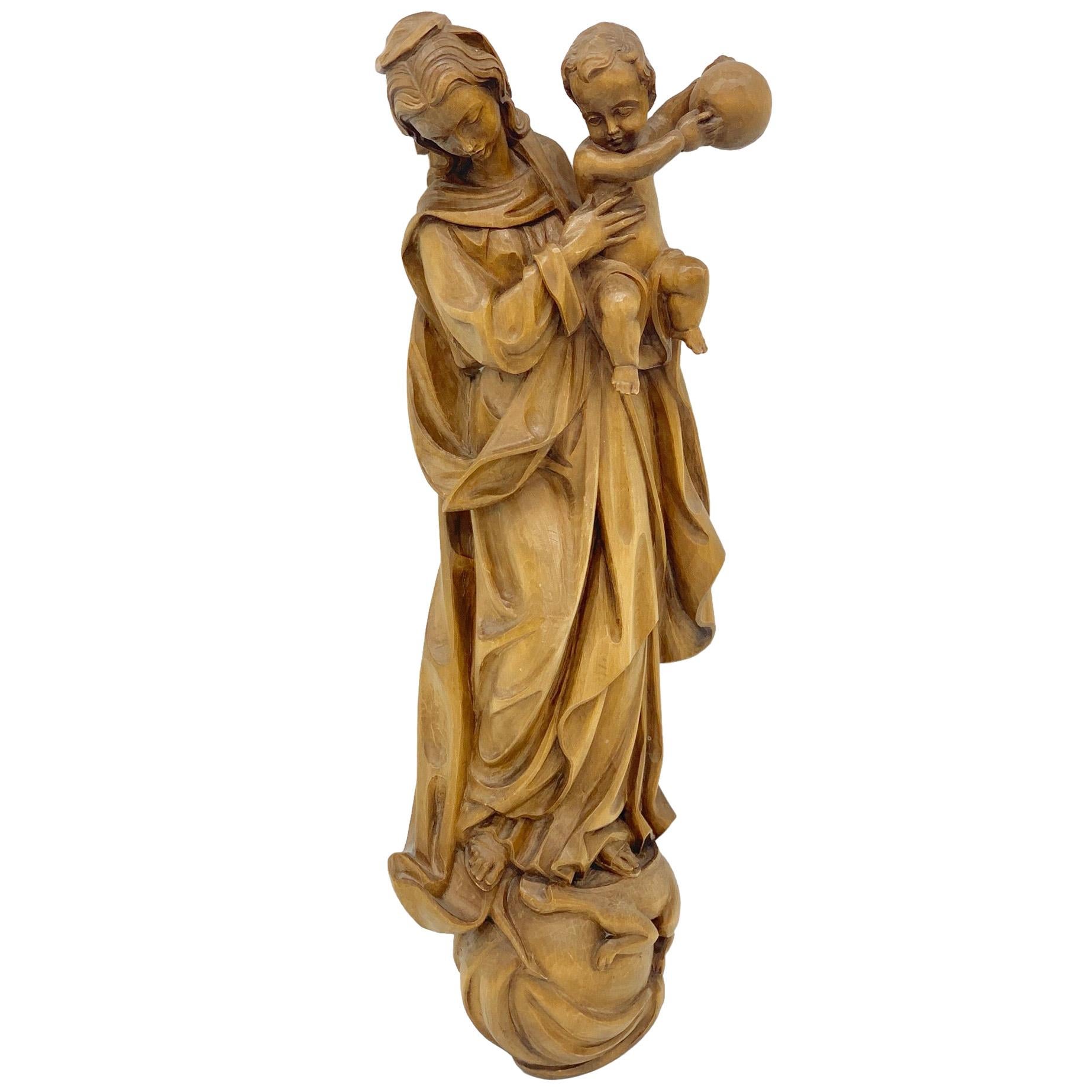Madonna with Child Wall Sculpture Beautiful Woodwork, 20th Century For Sale