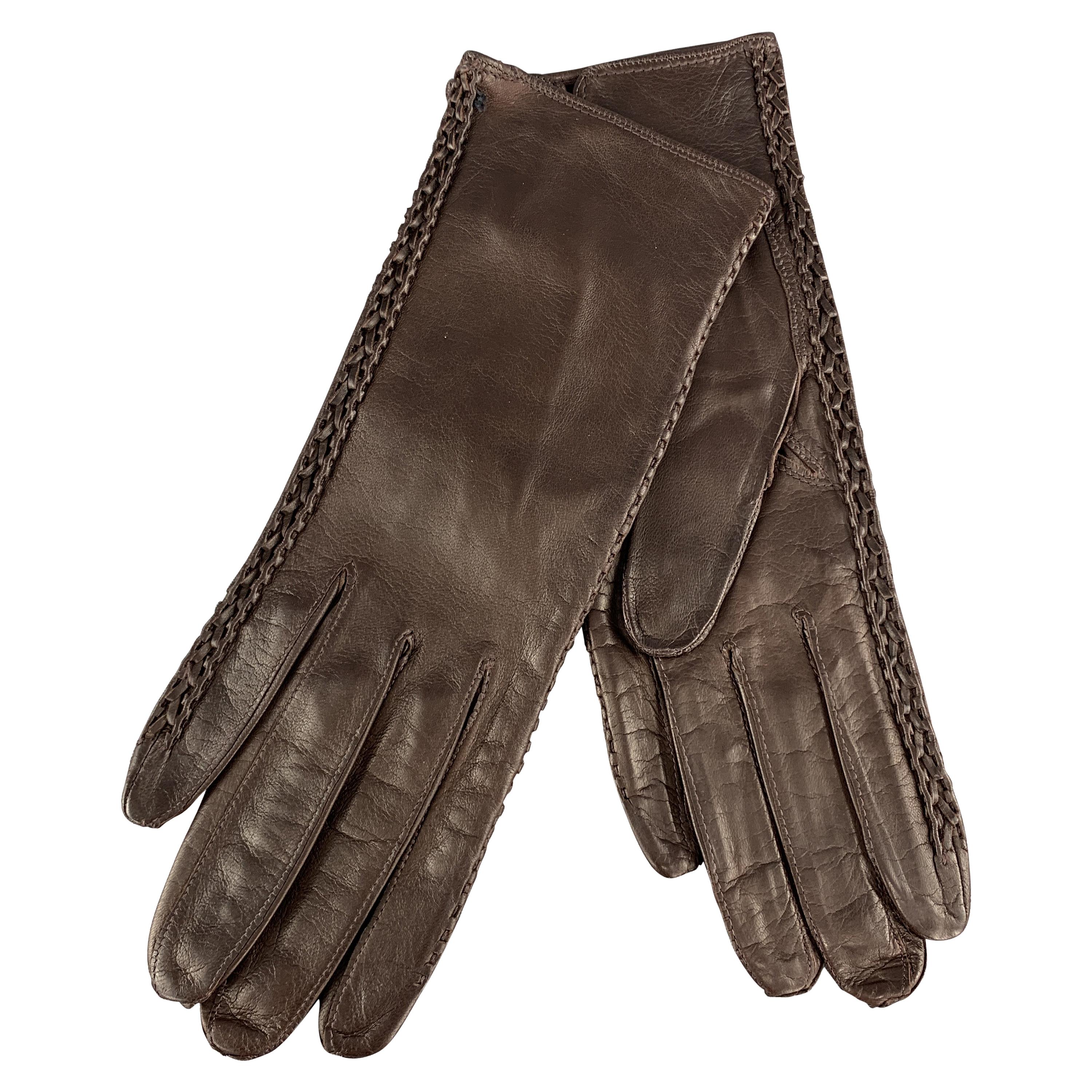 MADOVA Size S Brown Leather Whipstitch Trim Gloves