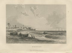 Madras, Surf Boats on the Beach, Antique Steel Engraving, 1859