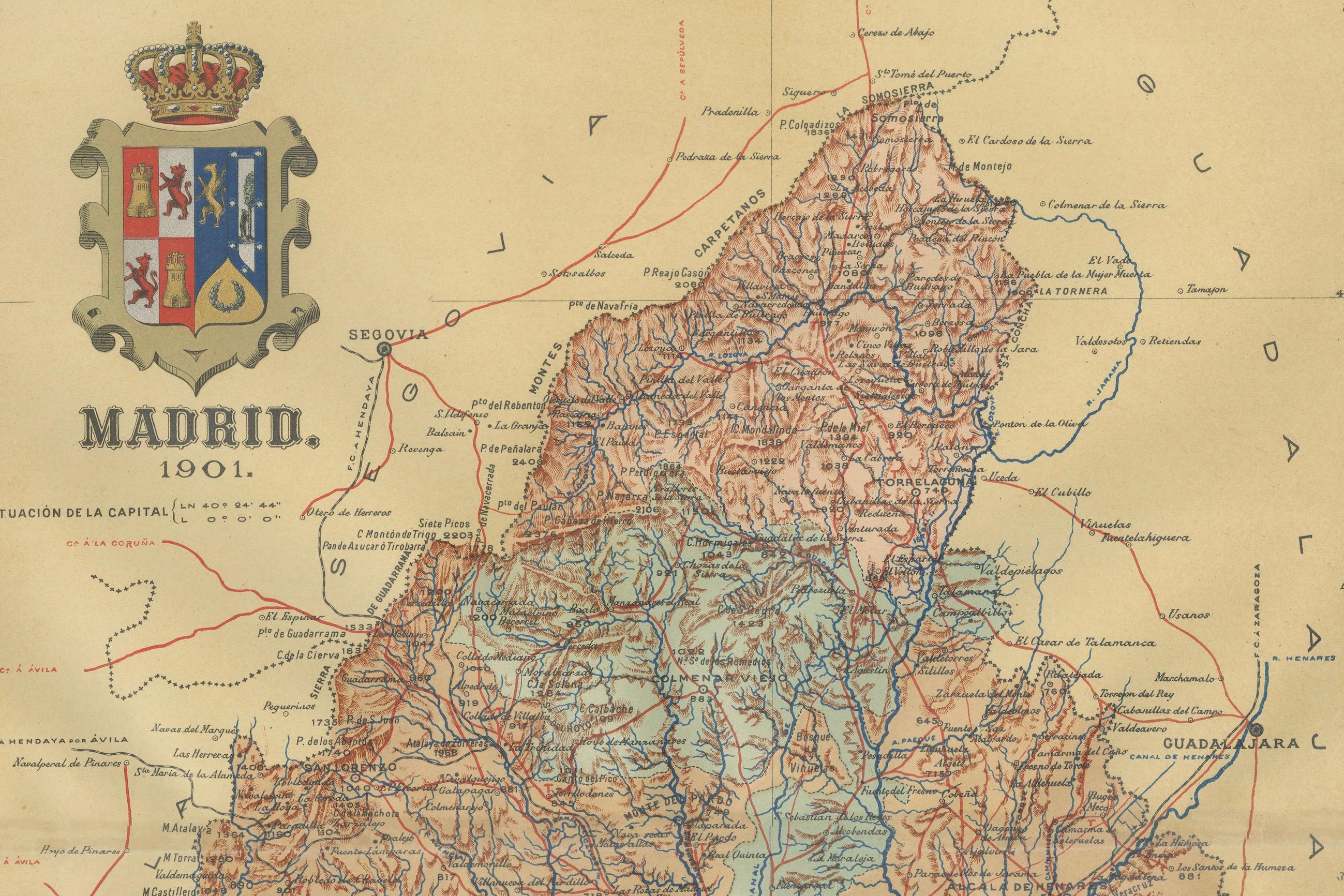 The map is of the province of Madrid, the capital region of Spain, as it appeared in 1901. Here are the key features it displays:

The map shows the central part of Spain, with the Guadarrama mountain range prominently visible, marking the natural