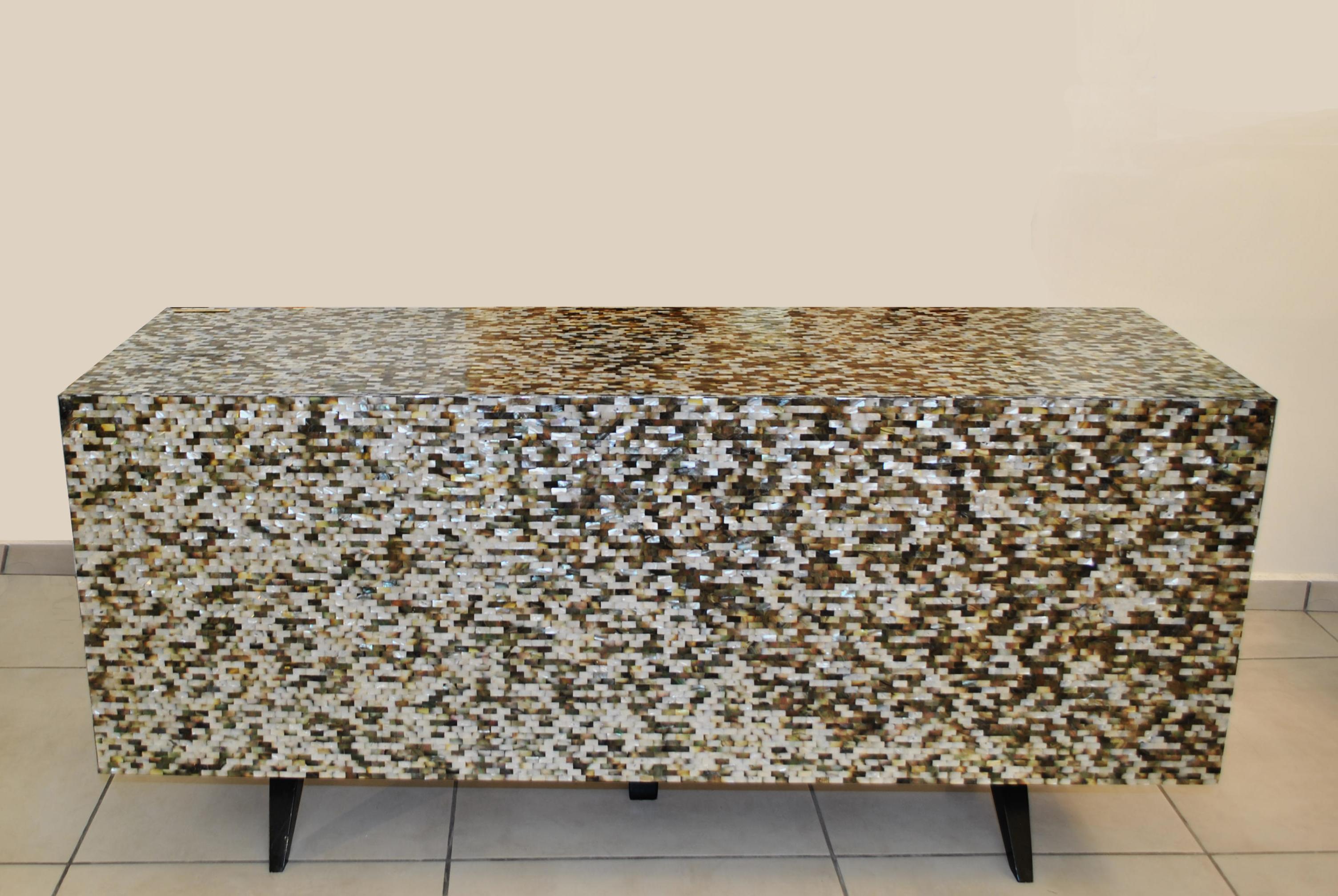 Mother-of-Pearl 'Madrid' Mother of Pearl Sideboard Table with Grey Mirror Finish Doors For Sale