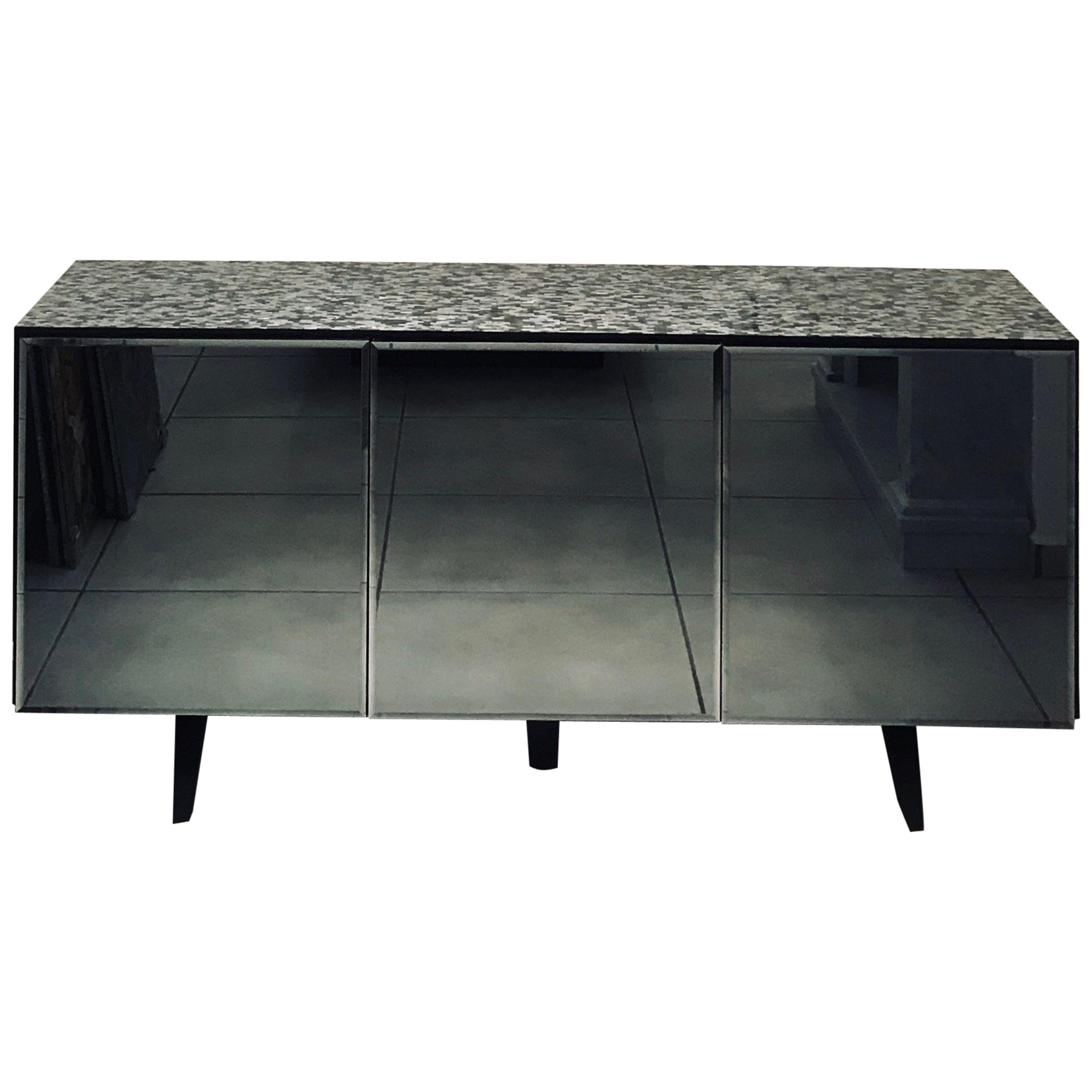 'Madrid' Mother of Pearl Sideboard Table with Grey Mirror Finish Doors For Sale