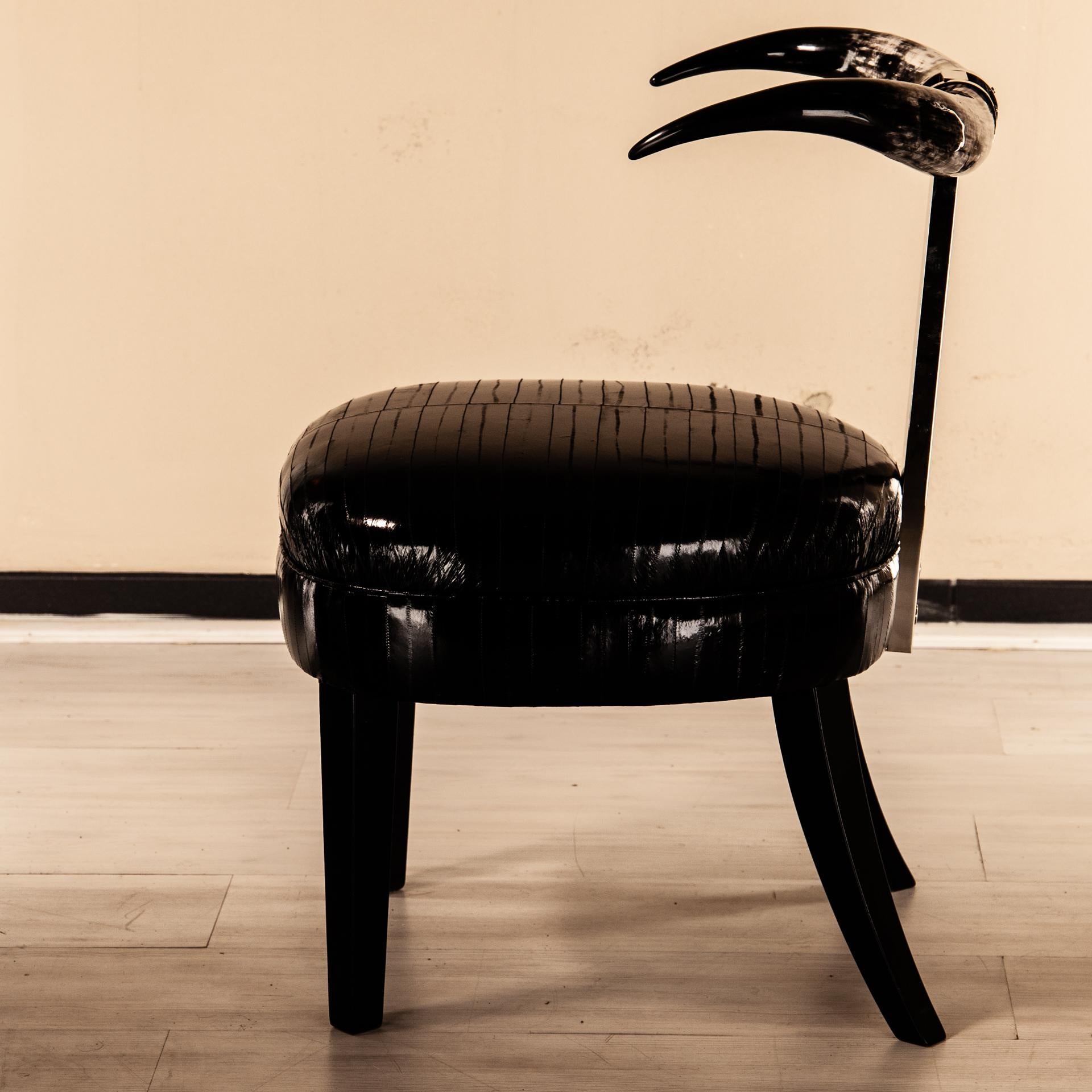 Italian Madrid Occasional or Dining Chair, Brass, Eel Upholstered and Natural Horns For Sale