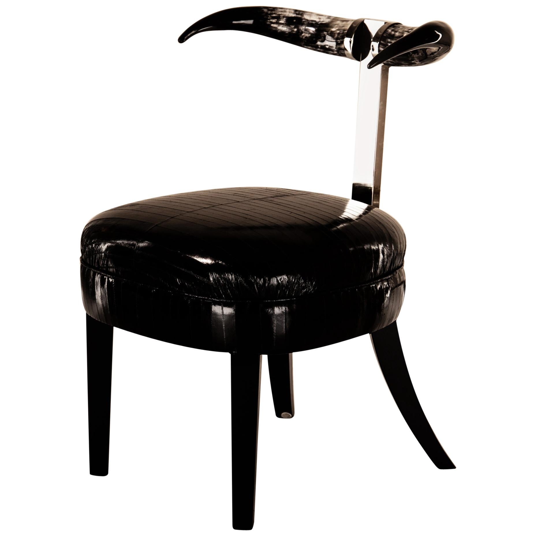 Madrid Sculptural Dining Chair, Brass, COM/Fabric Upholstered Natural Horns For Sale