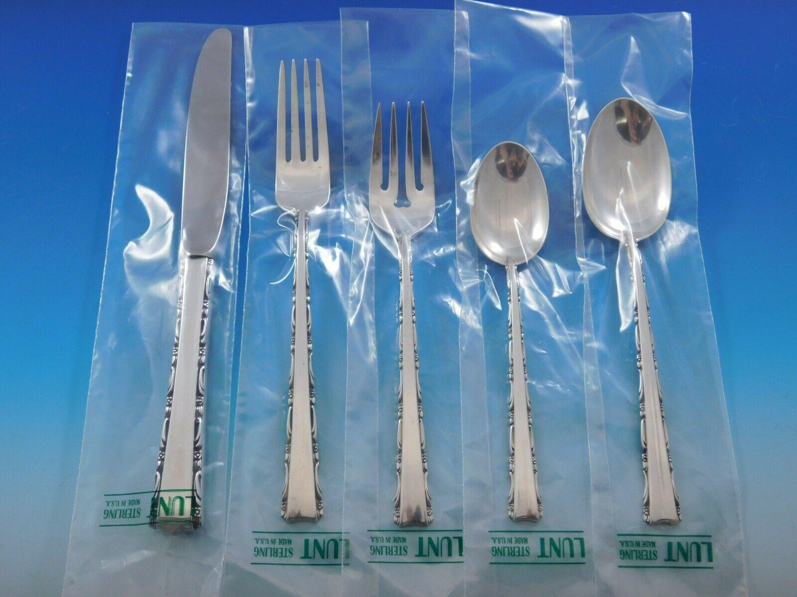 New, unused Madrigal by Lunt sterling silver flatware set, 30 pieces. This set includes:

6 knives, 9