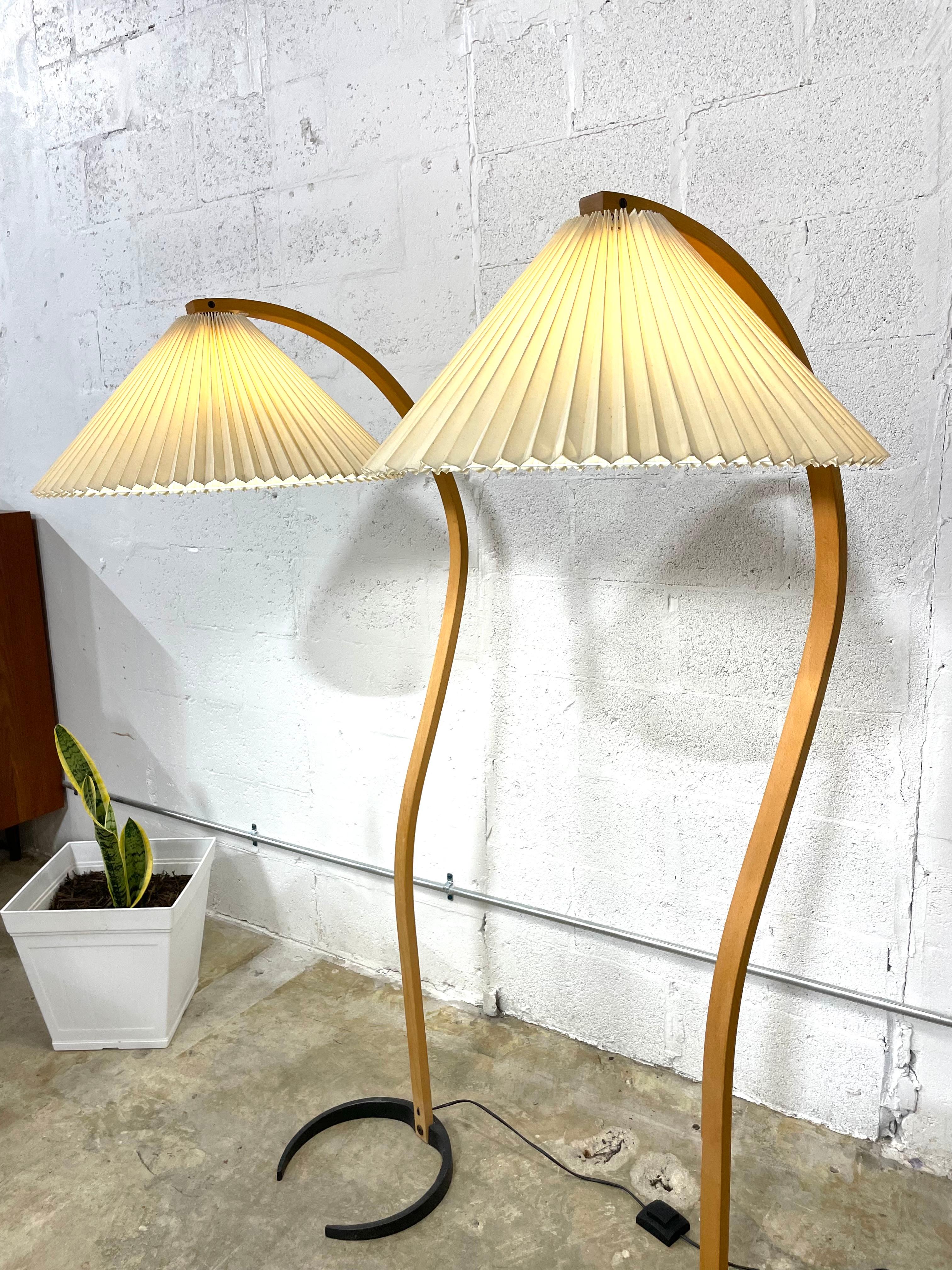 Authentic Mads Caprani Floor Lamps. 2 available. Curved bentwood on a cast-iron crescent foot. The style is called Timberline no. 840 in beech wood. Converter plug is included (last pic)