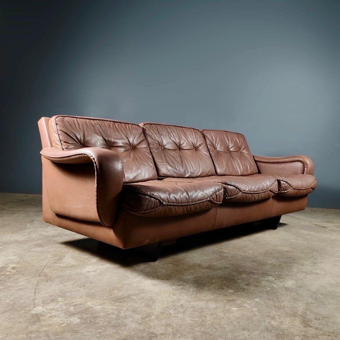Mid-Century Modern Madsen & Schubell Danish Brown Leather Three Seater Sofa Mid Century Vintage