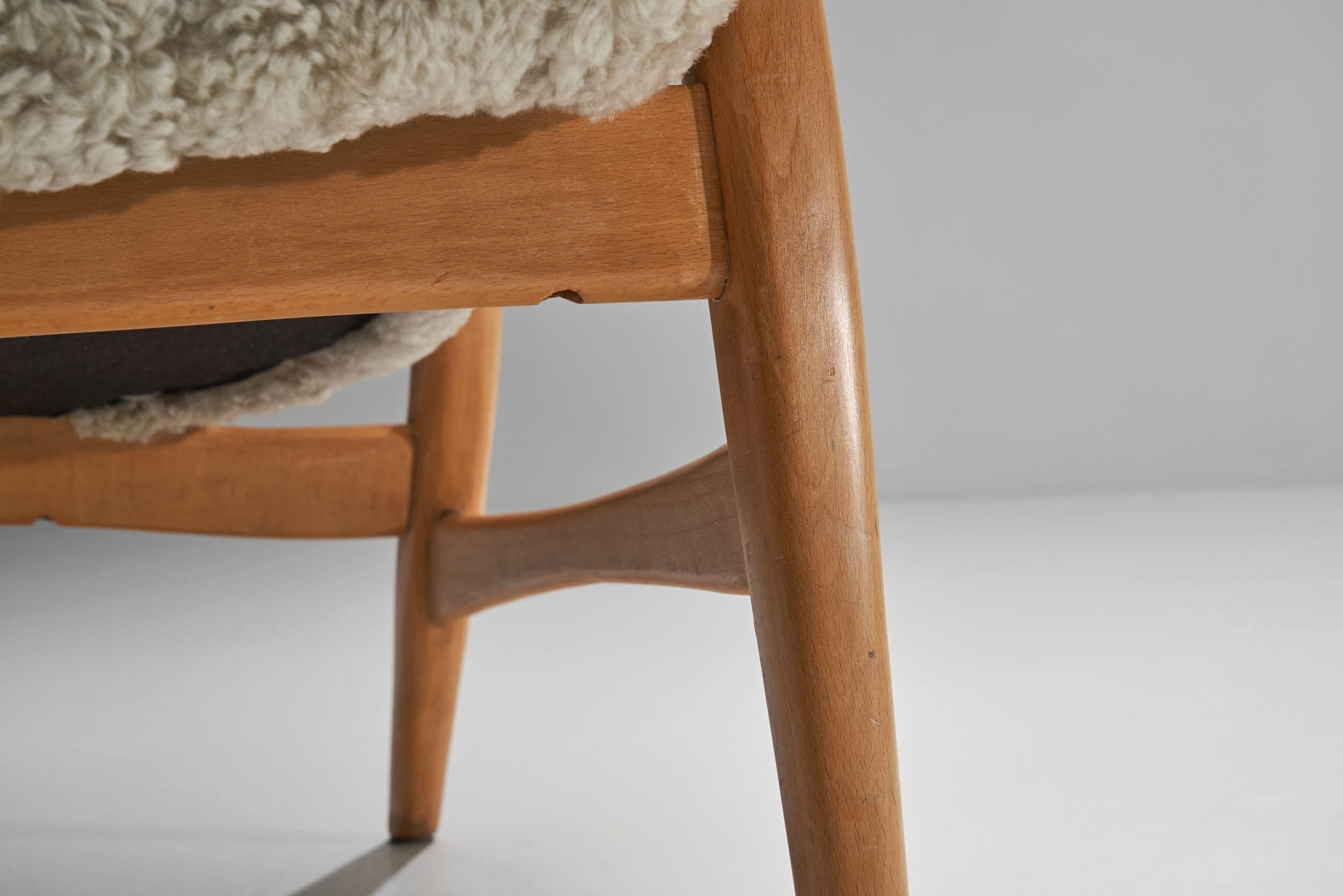 Madsen & Schubell Highback Chair in Sheepskin, Denmark 1950s For Sale 9