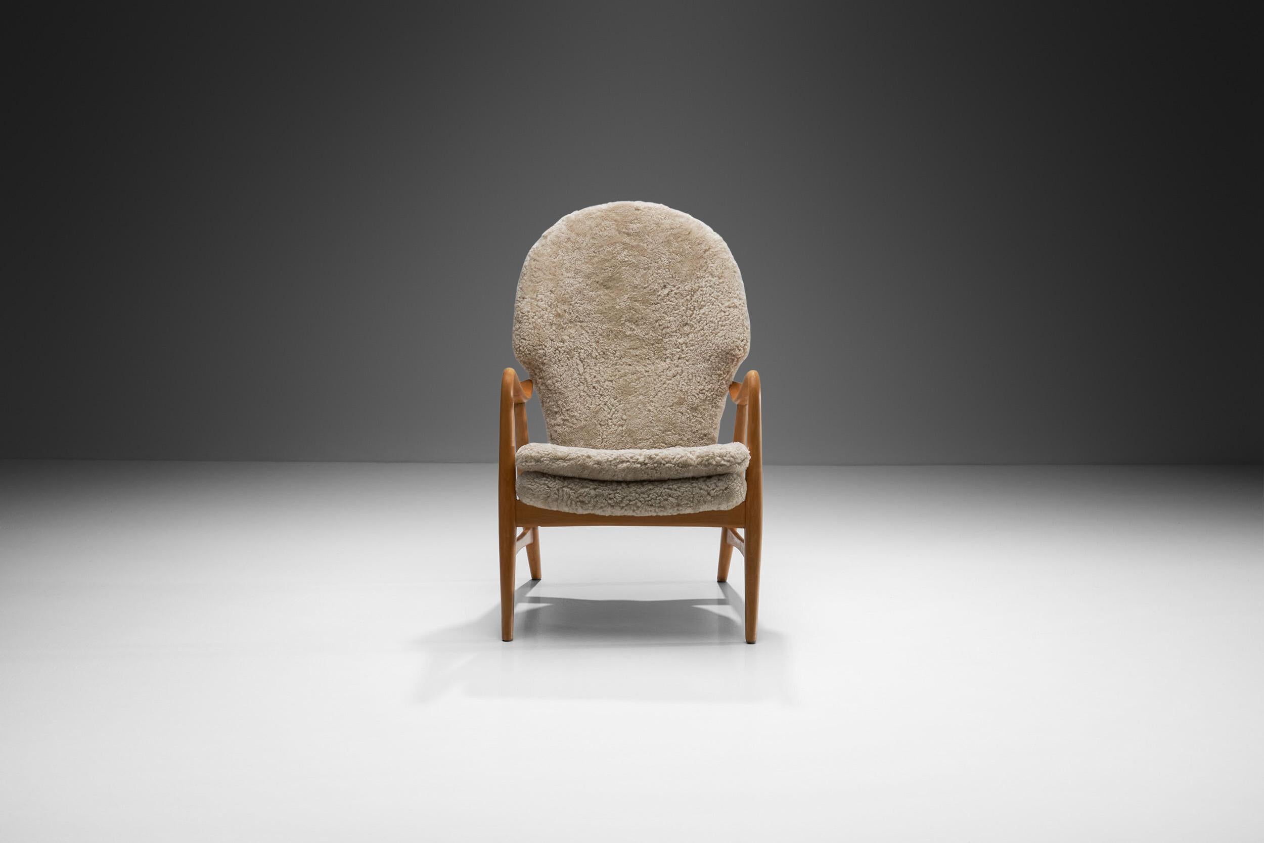 Mid-Century Modern Madsen & Schubell Highback Chair in Sheepskin, Denmark 1950s For Sale