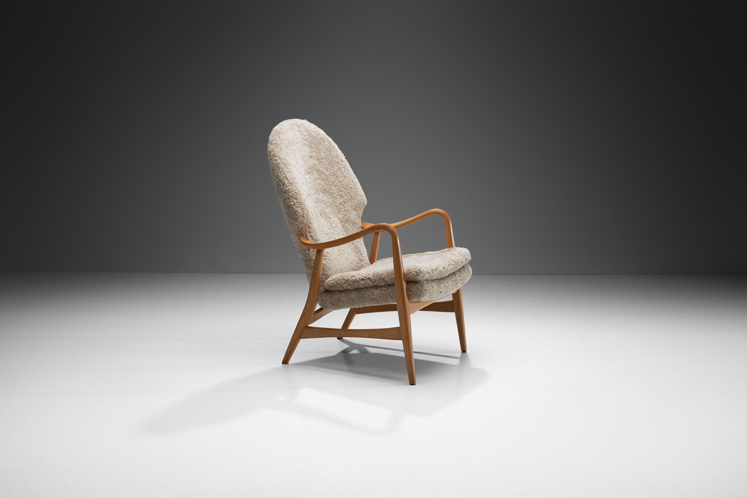 Danish Madsen & Schubell Highback Chair in Sheepskin, Denmark 1950s For Sale
