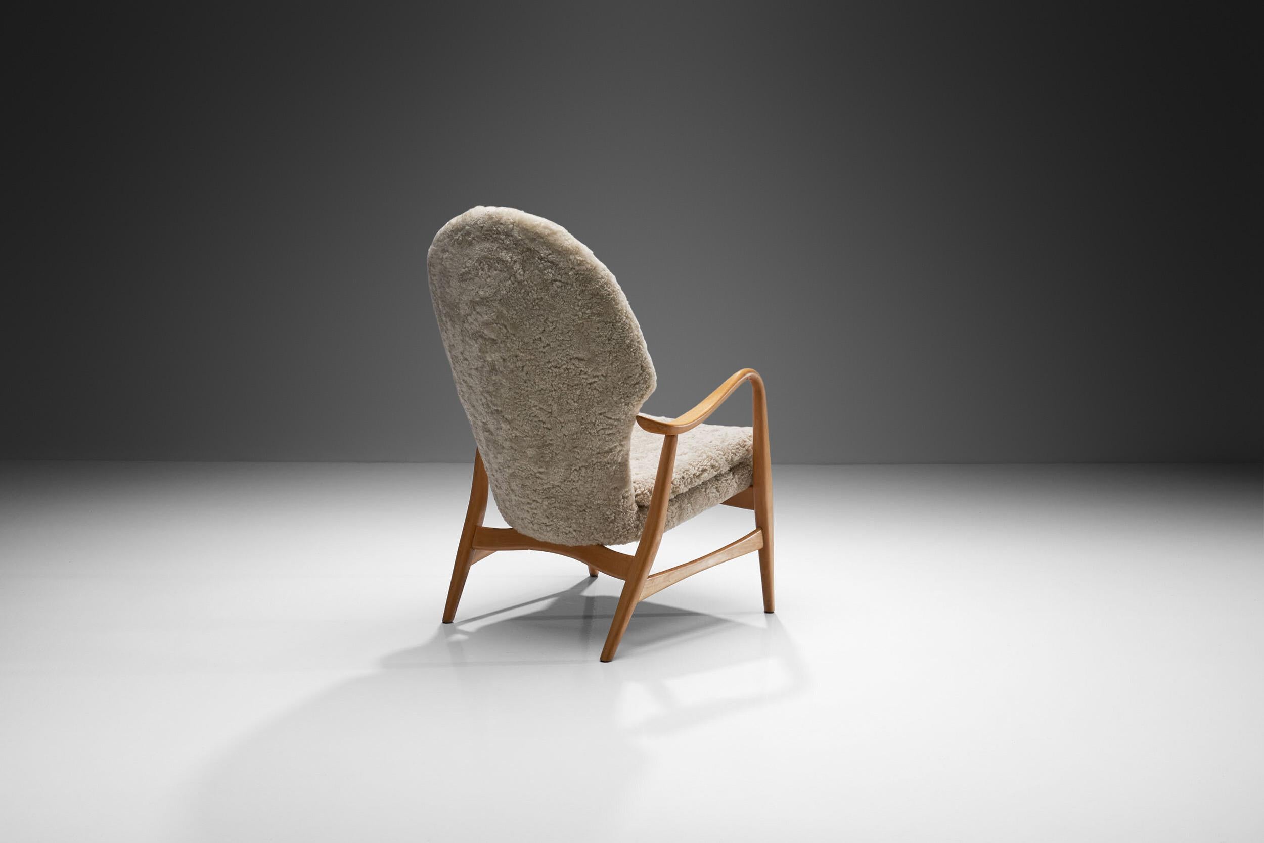 Mid-20th Century Madsen & Schubell Highback Chair in Sheepskin, Denmark 1950s For Sale