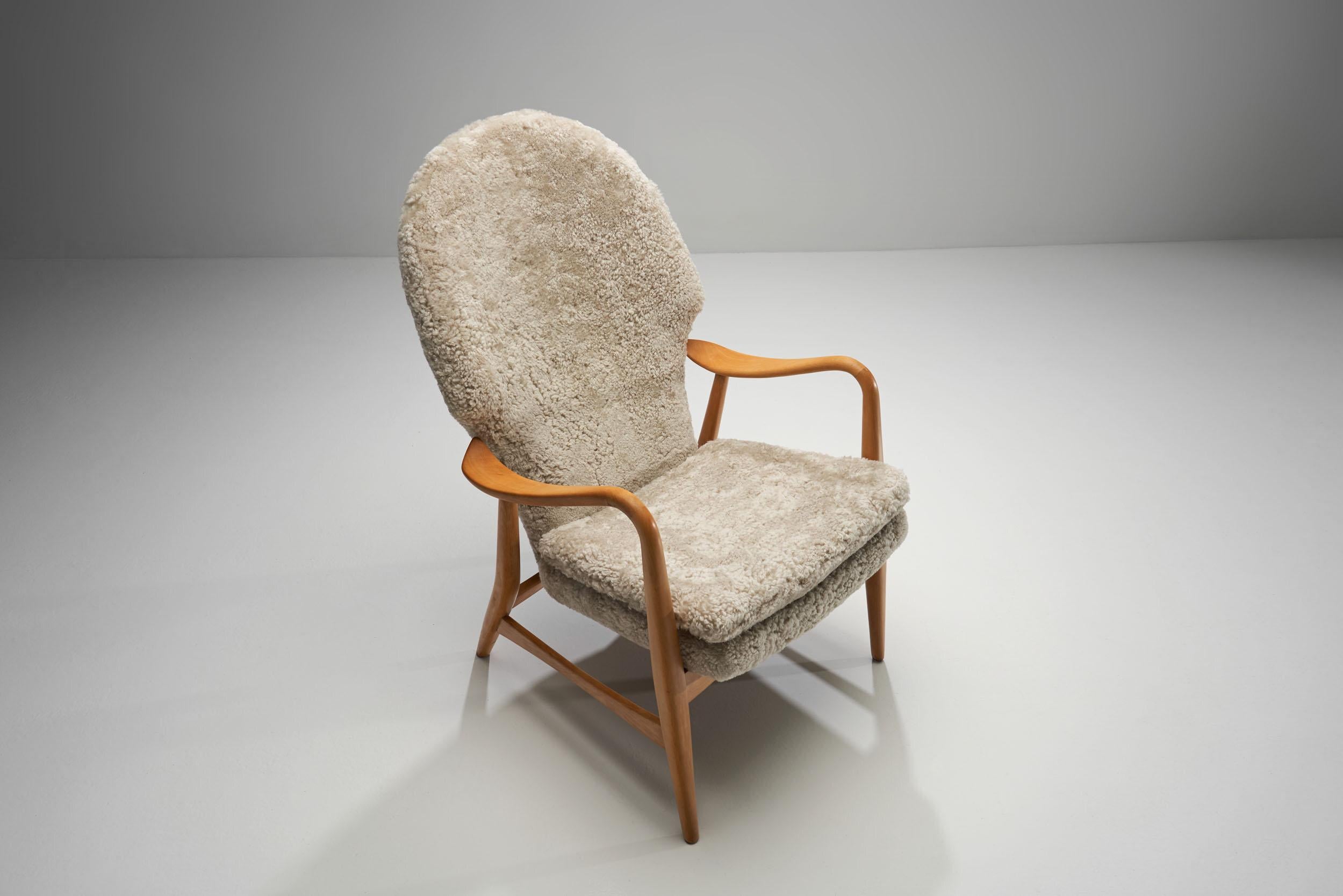 Madsen & Schubell Highback Chair in Sheepskin, Denmark 1950s For Sale 2