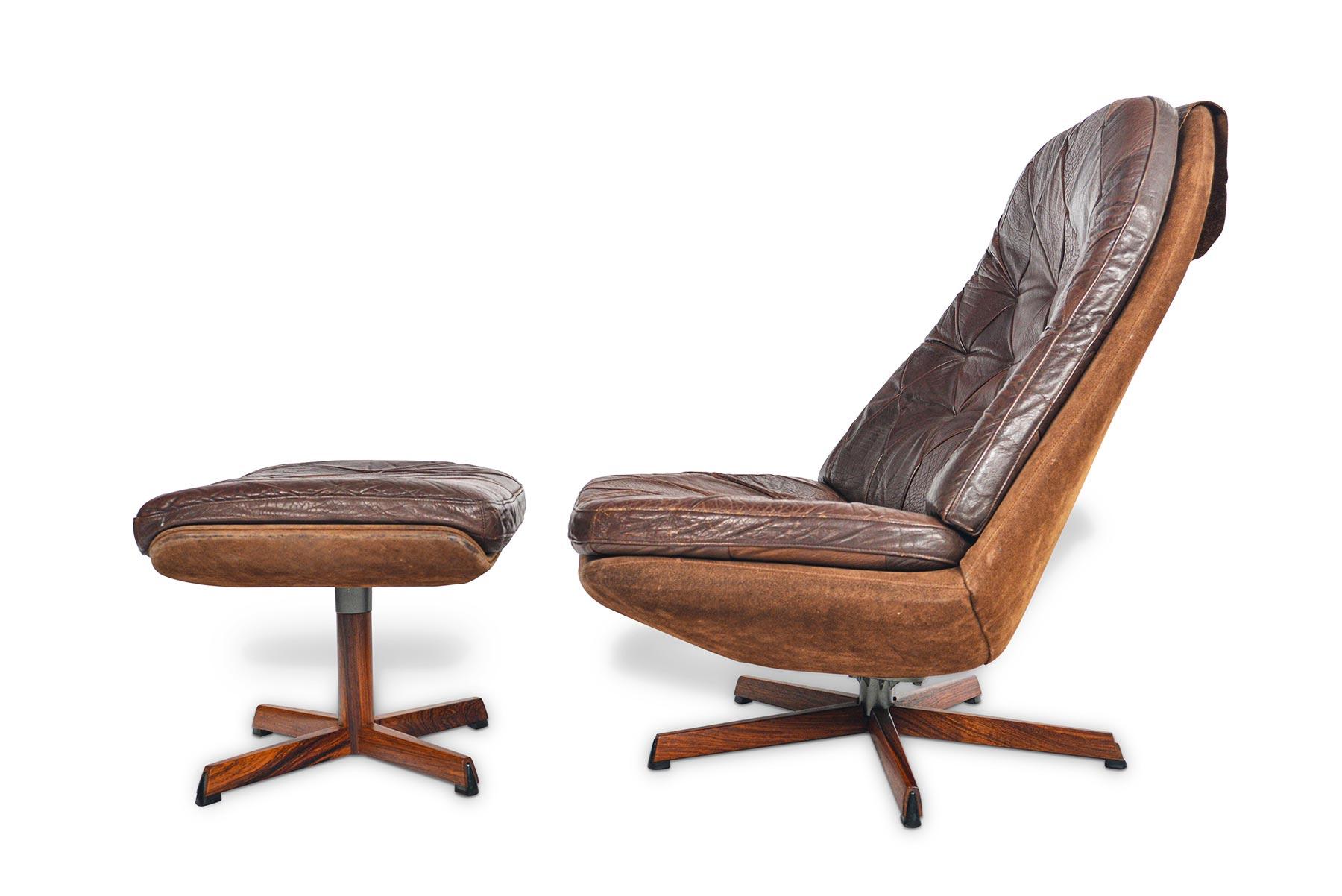 This phenomenal brown leather swivel chair and ottoman were designed by Madsen and Schubell as model 68 in the late sixties. The large armless seat is covered in suede and holds a single, harlequin tufted brown leather cushion. Both chair and