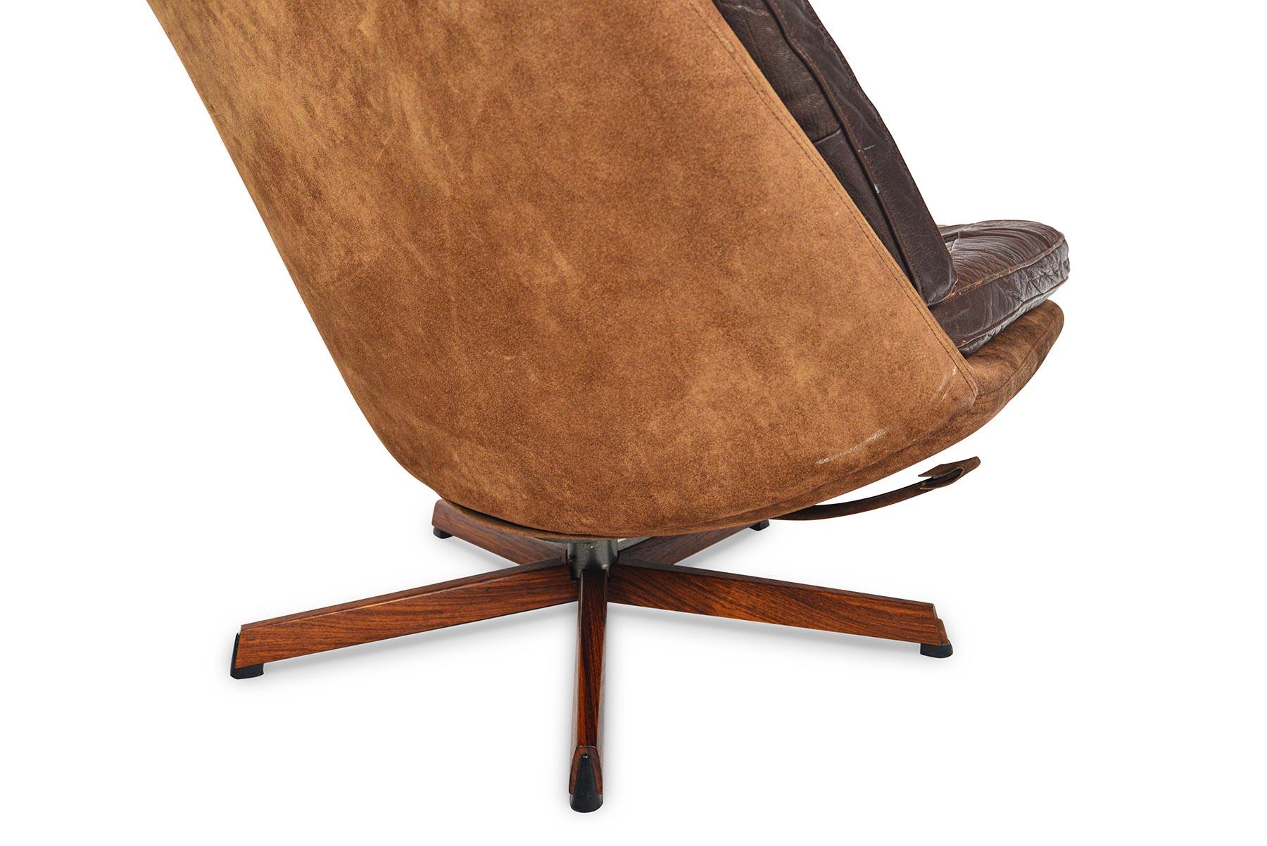 Scandinavian Modern Madsen and Schubell Model 68 Brown Leather Swivel Chair and Ottoman