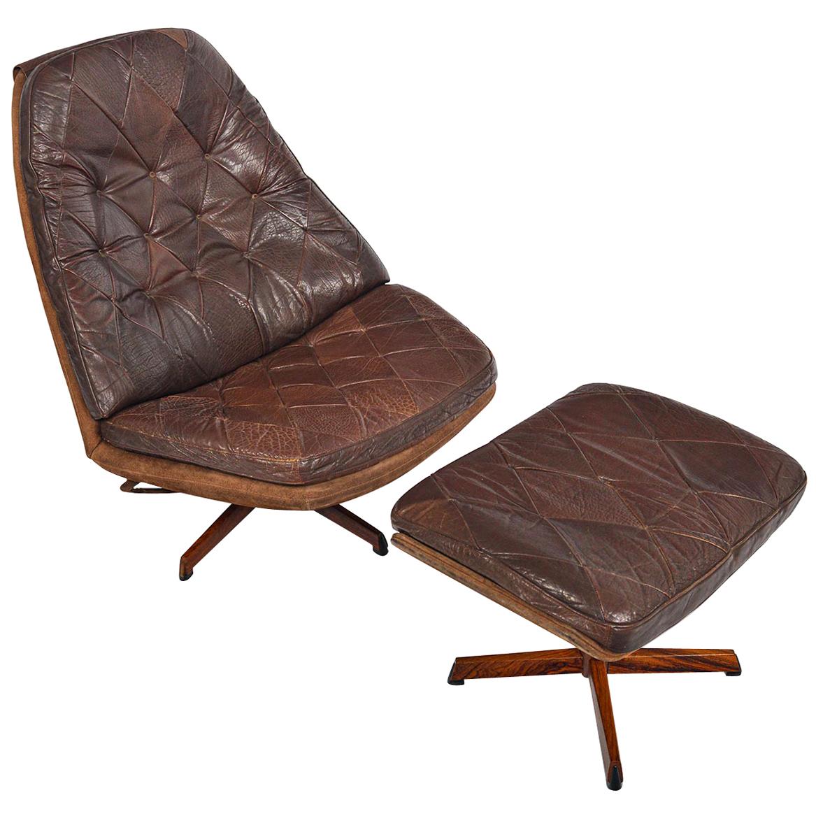 Madsen and Schubell Model 68 Brown Leather Swivel Chair and Ottoman