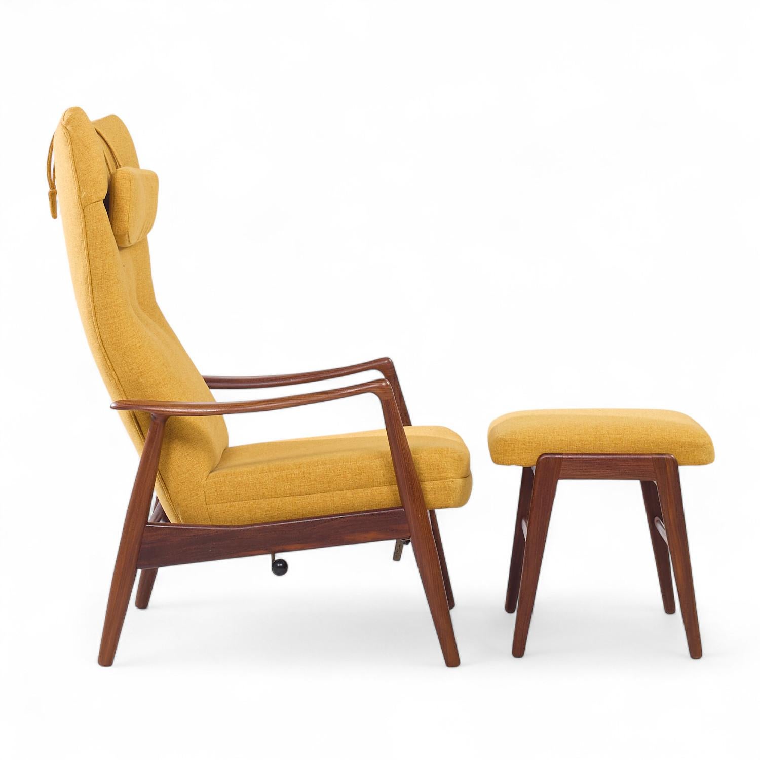 Tissu d'ameublement Madsen & Schubell MS20 Chaise longue inclinable en teck danois du milieu du siècle et ottoman en vente