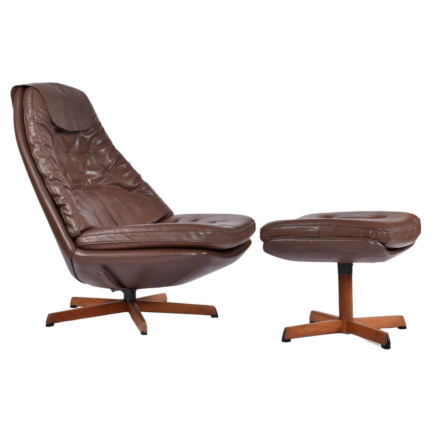 Madsen & Schubell MS68 Leather and Teak Danish Swivel Recliner Lounge Chair