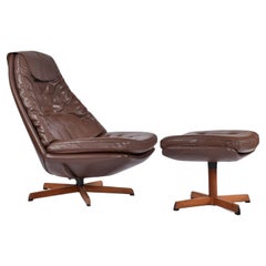 Madsen & Schubell MS68 Leather and Teak Danish Swivel Recliner Lounge Chair
