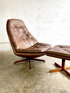 Madsen & Schubell MS68 Leather Danish Swivel Recliner Lounge Chair and Ottoman