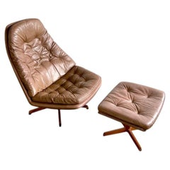 Madsen & Schubell MS68 Leather Danish Swivel Recliner Lounge Chair and Ottoman