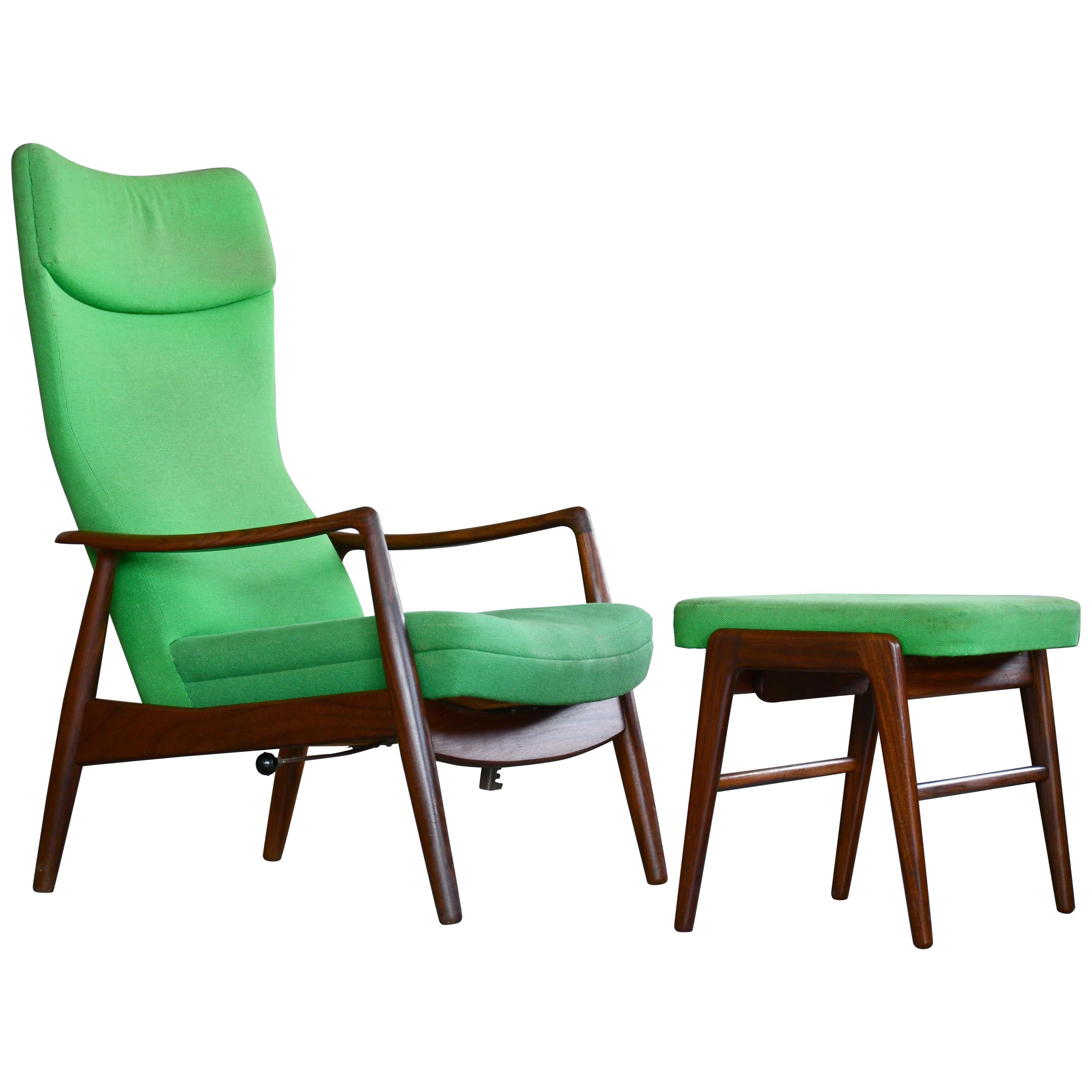 Madsen & Schubell Reclining Teak Lounge Chair with Ottoman, Denmark, circa 1960