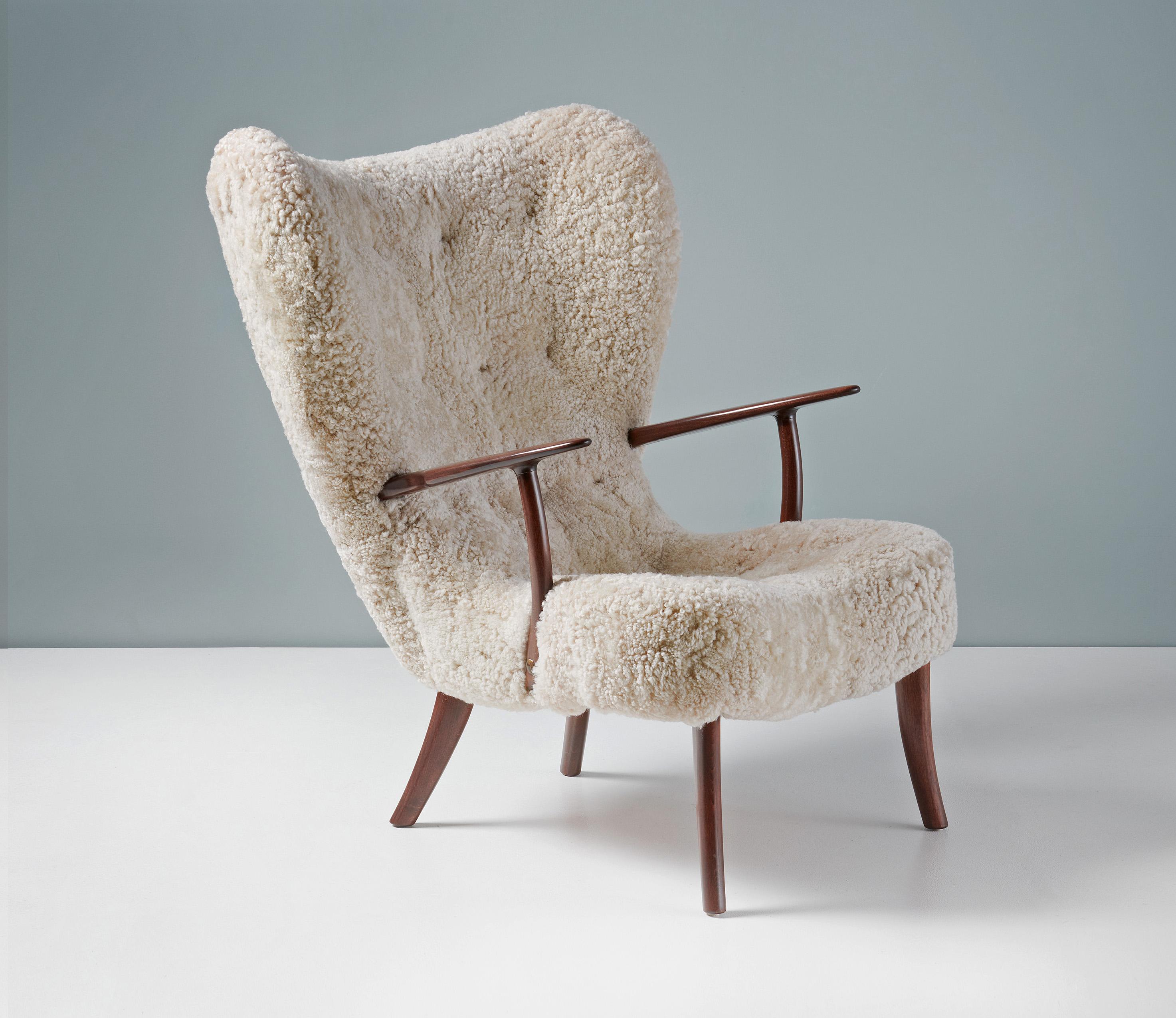 Danish Madsen & Schubell Sheepskin Pragh Chair & Stool c1950s For Sale