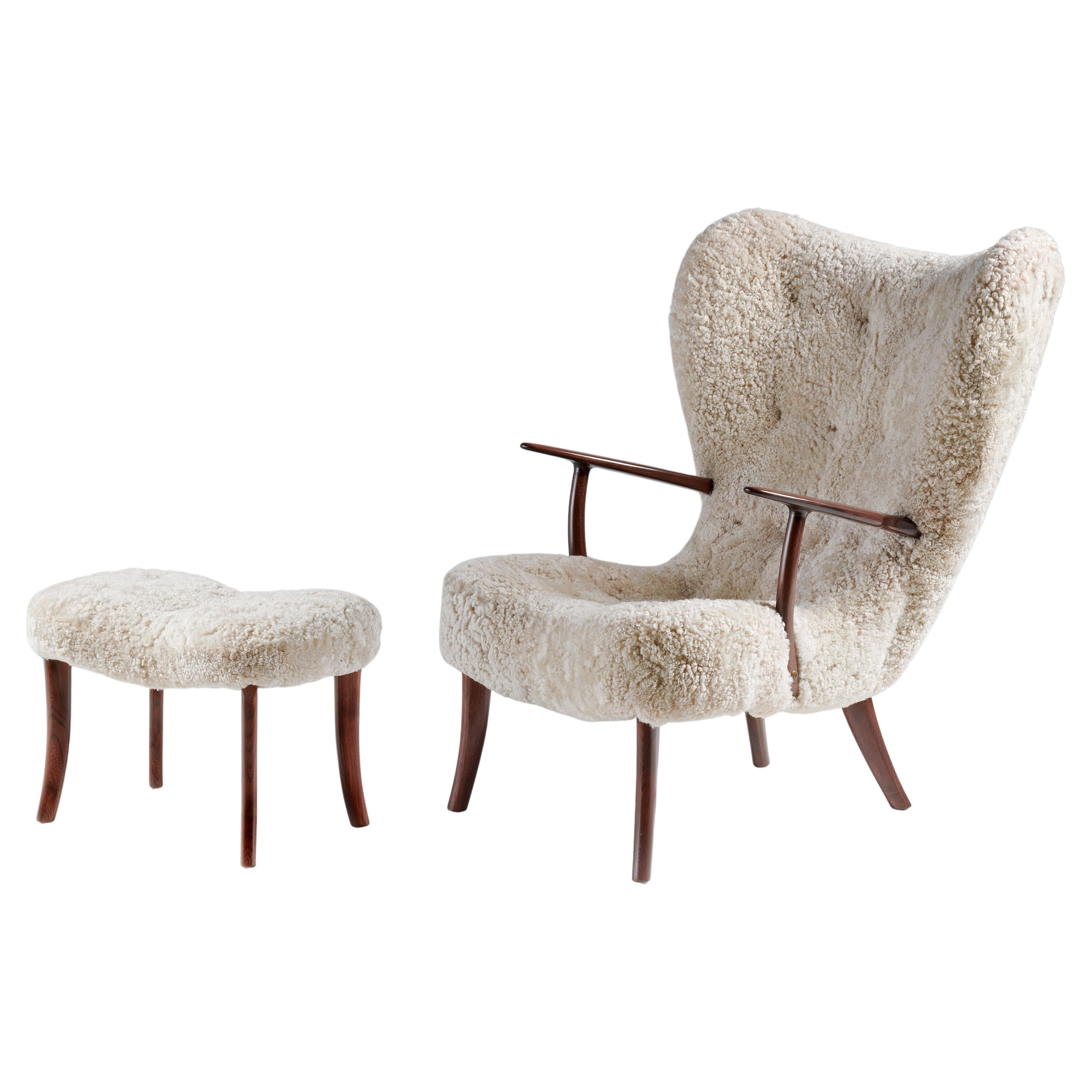 Madsen & Schubell Sheepskin Pragh Chair & Stool c1950s For Sale